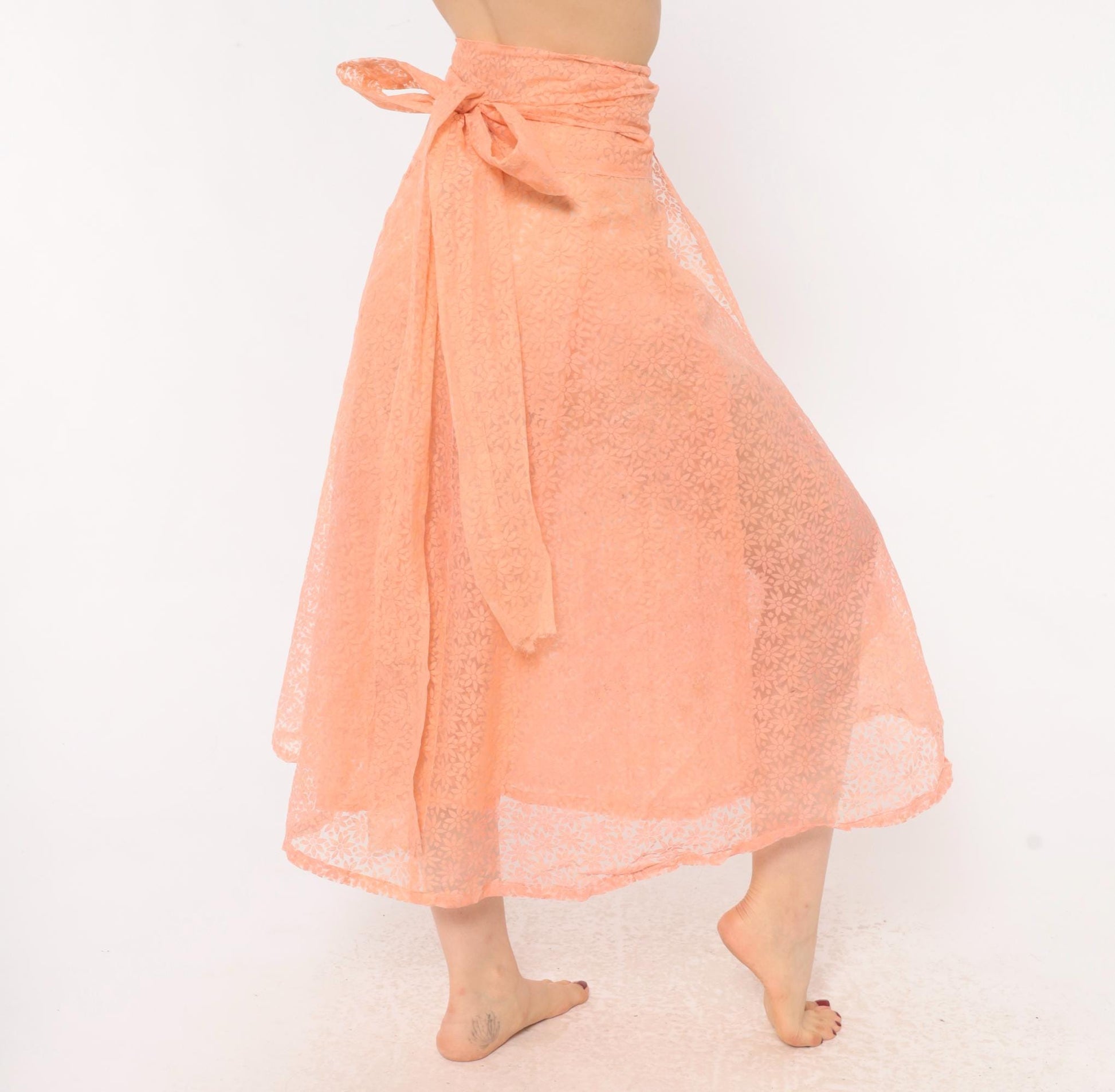 90s Peach Floral Lace Wrap Midi Skirt A-Line Daisy Sheer Medium to Extra Large