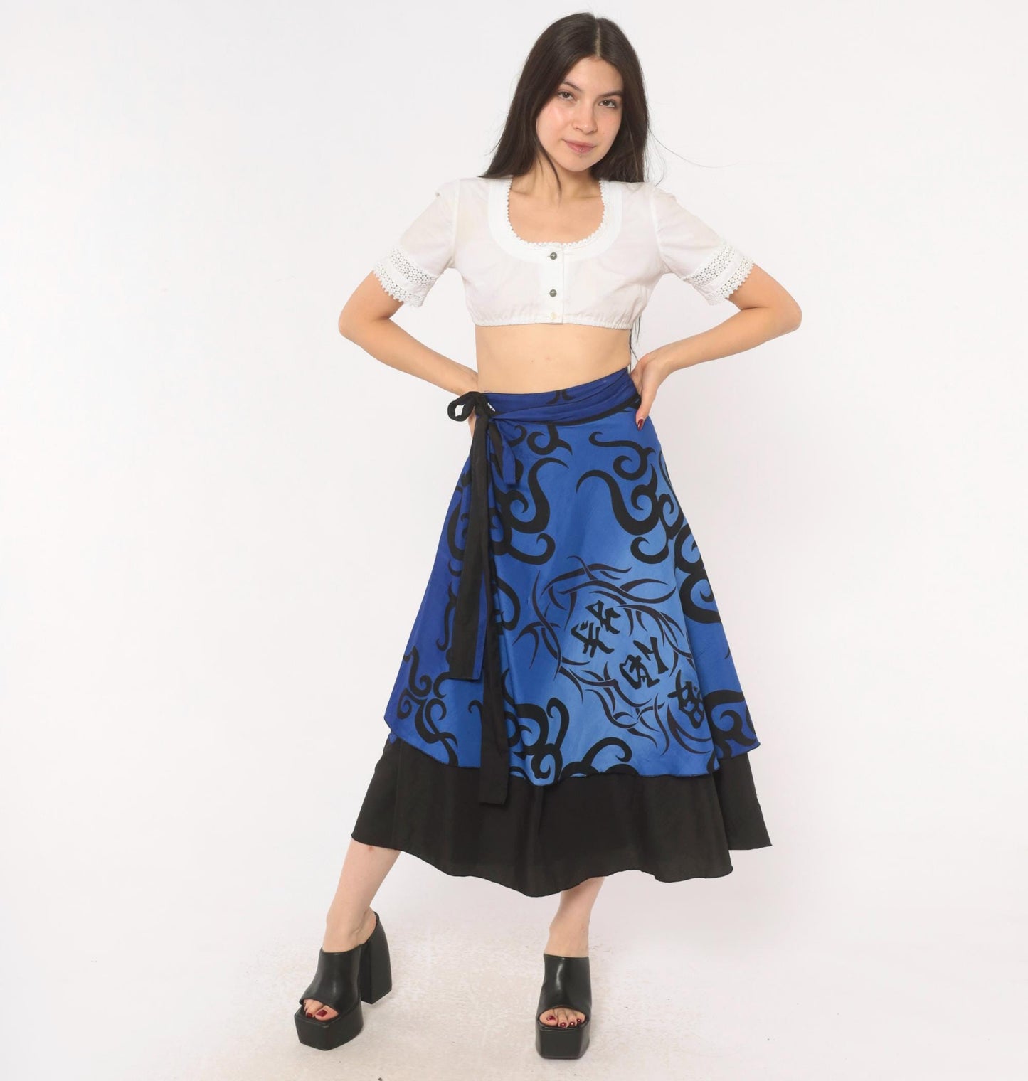 2000s Tribal Flame Print Wrap Skirt Blue Black Midi A-Line Small