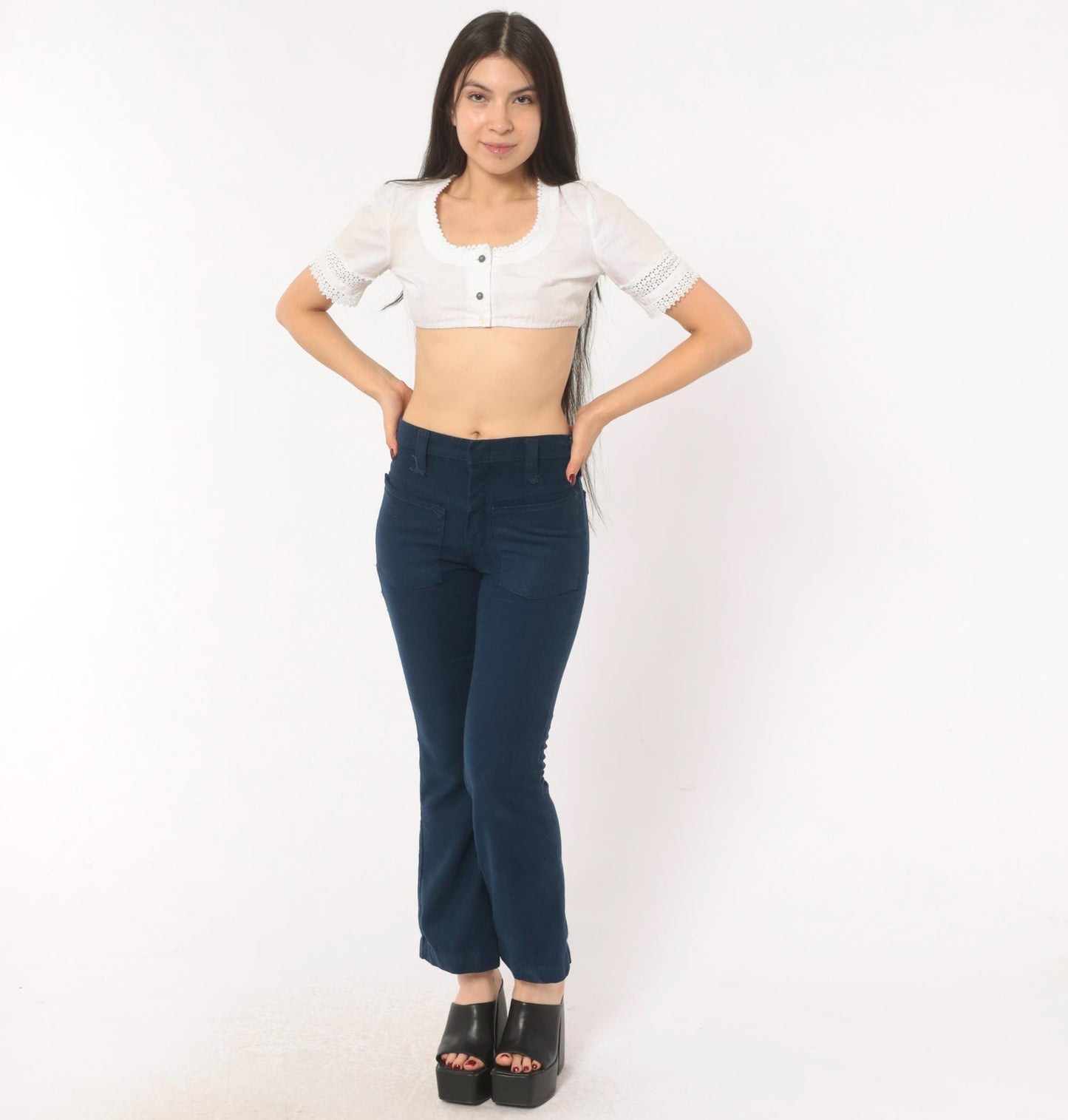 70s Bootleggers Navy Flare Pants High Rise Bell Bottom Denim Dark Blue XXS