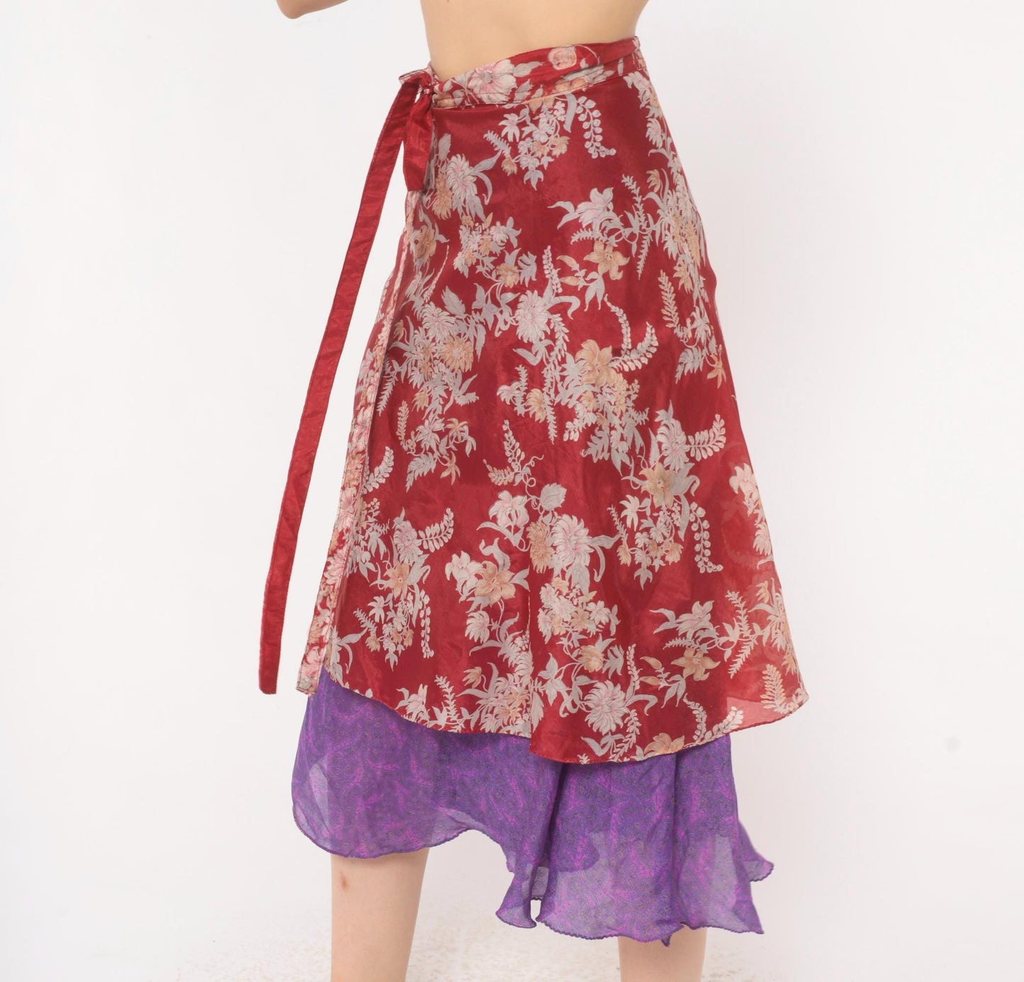 Y2K Kariza Silk Wrap Skirt Burgundy Floral Purple Double Layer Small Medium