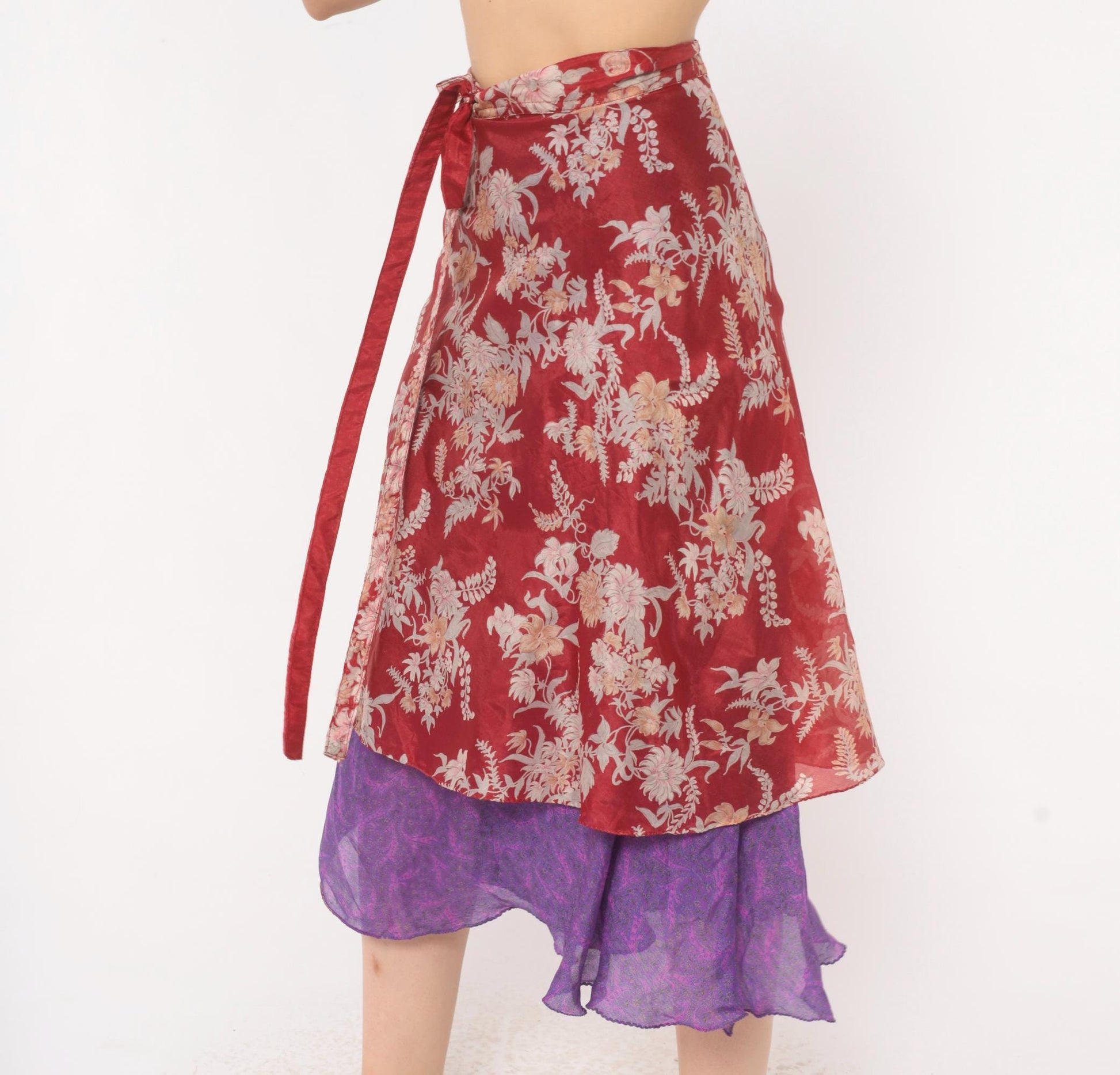 Y2K Kariza Silk Wrap Skirt Burgundy Floral Purple Double Layer Small Medium