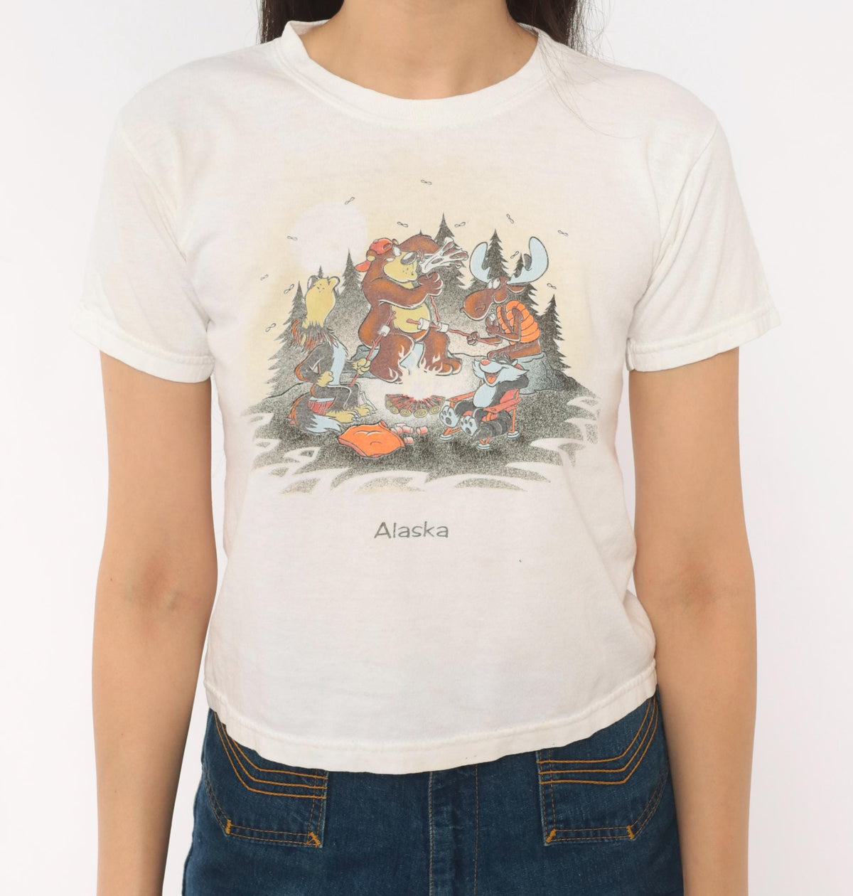 80s Alaska Campfire Animals Graphic Crop Top Gildan Cotton White XS
