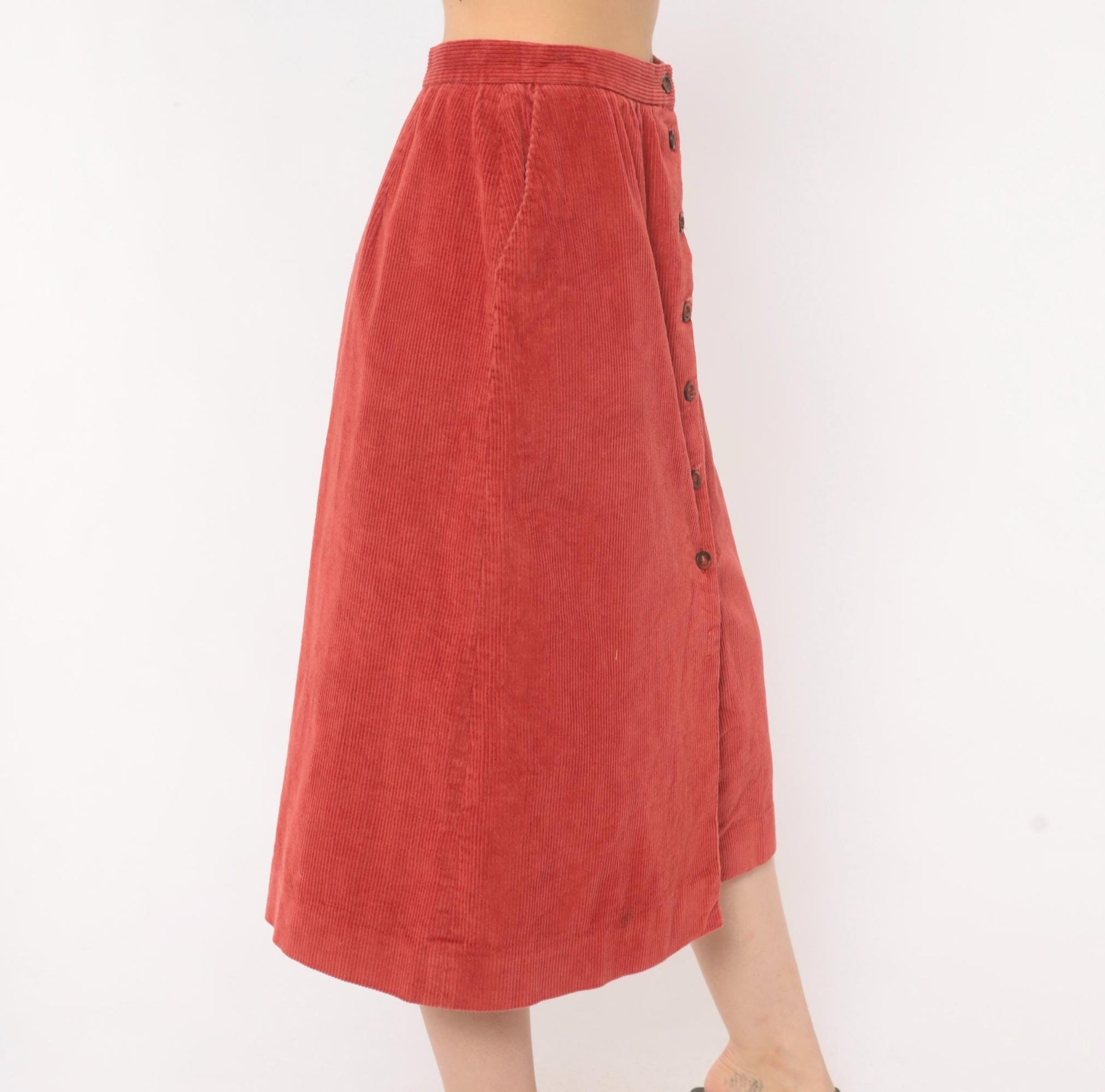 80s The Lilly Corduroy Midi Skirt Button Front A-Line Rust Small S