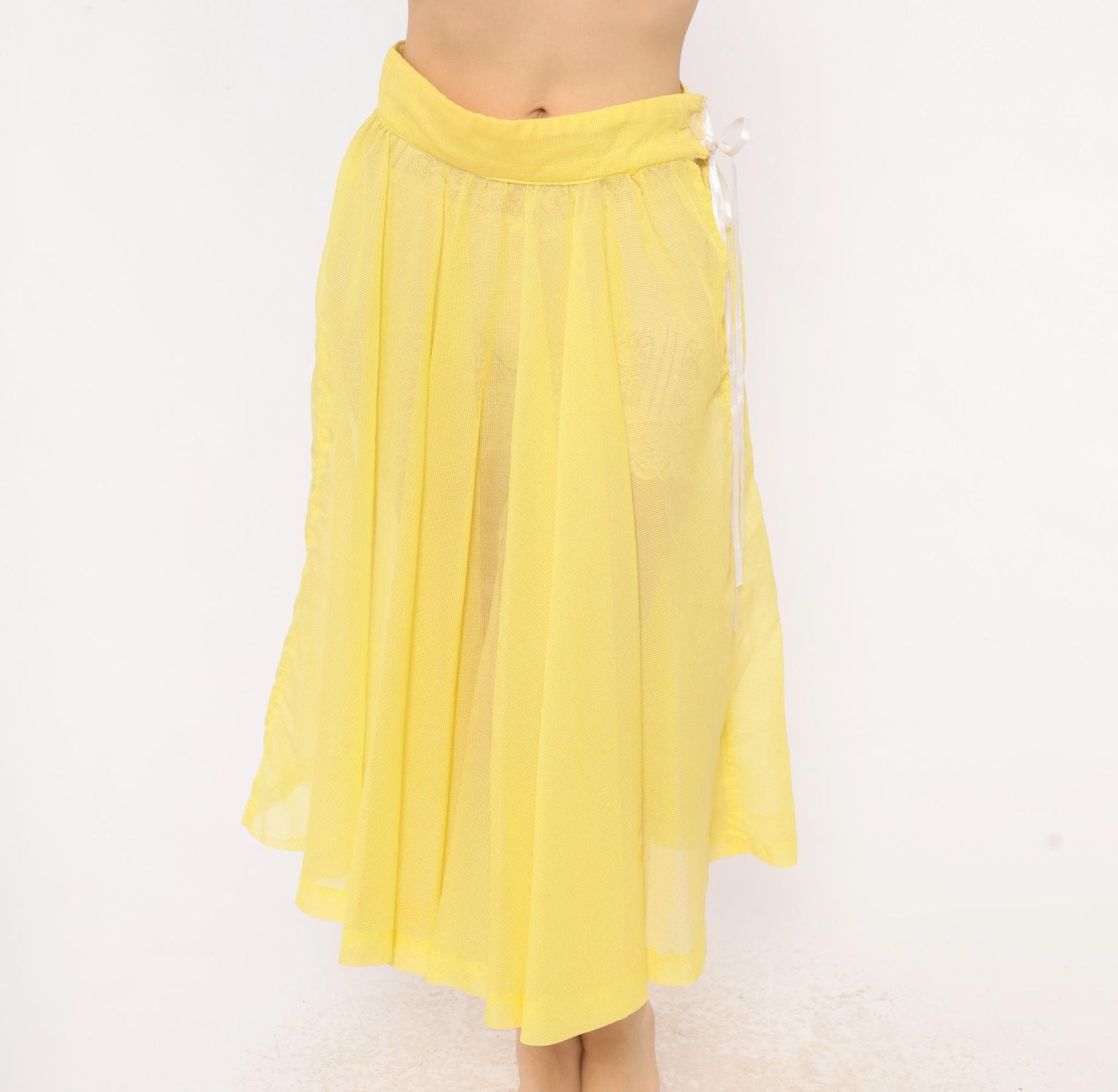 80s Yellow Sheer Circle Skirt Midi Ribbon Tie Lemon Chiffon Small
