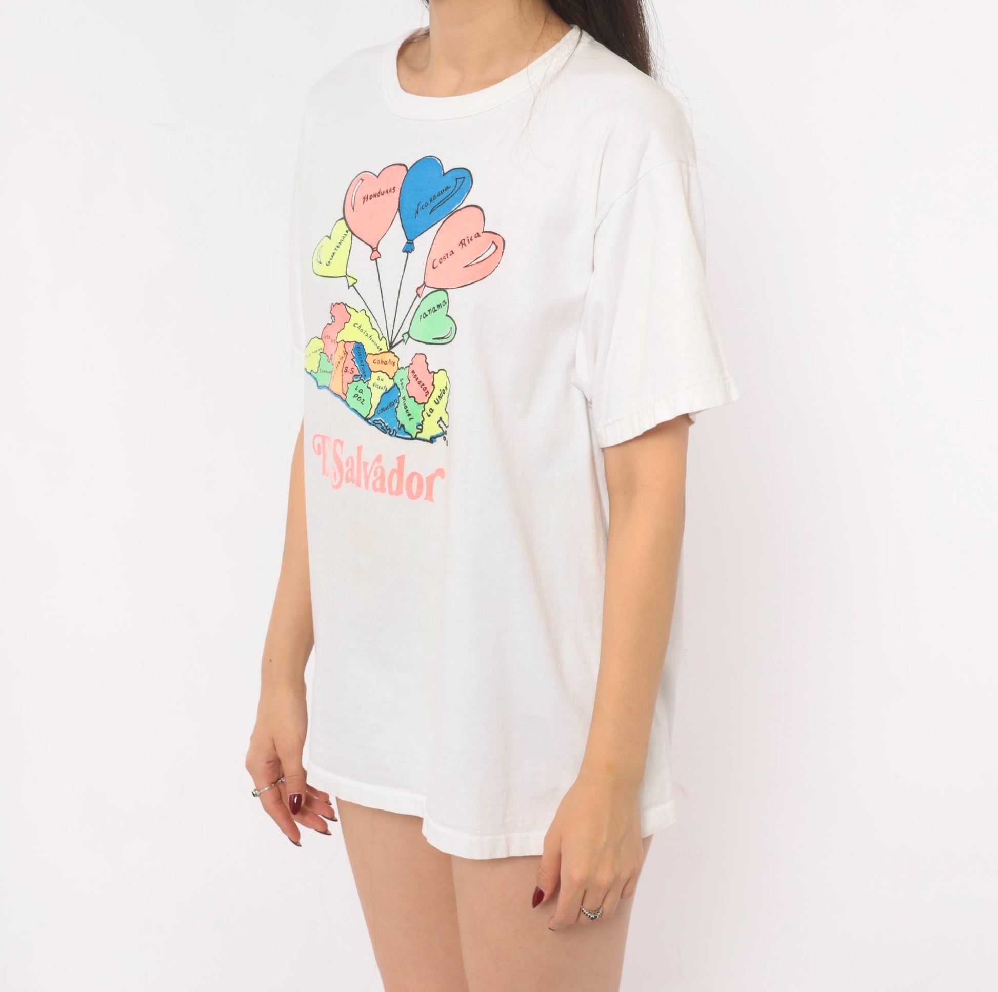 2000s El Salvador Map Heart Balloon Graphic White Cotton Tee Large L