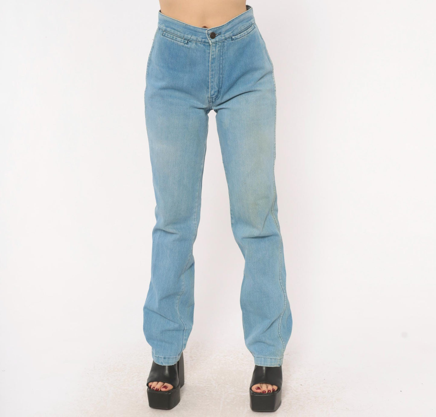 70s Glad Rags High Waist Straight Leg Jeans Light Blue Floral Embroidered Small