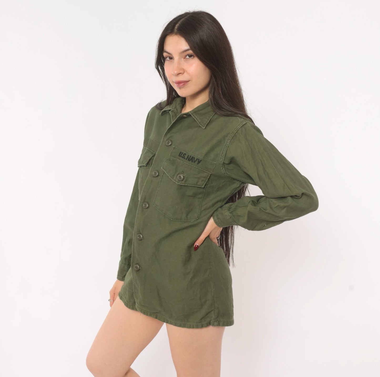 80s U.S. Navy Utility Shirt Olive Drab Cotton Military Field Top Medium
