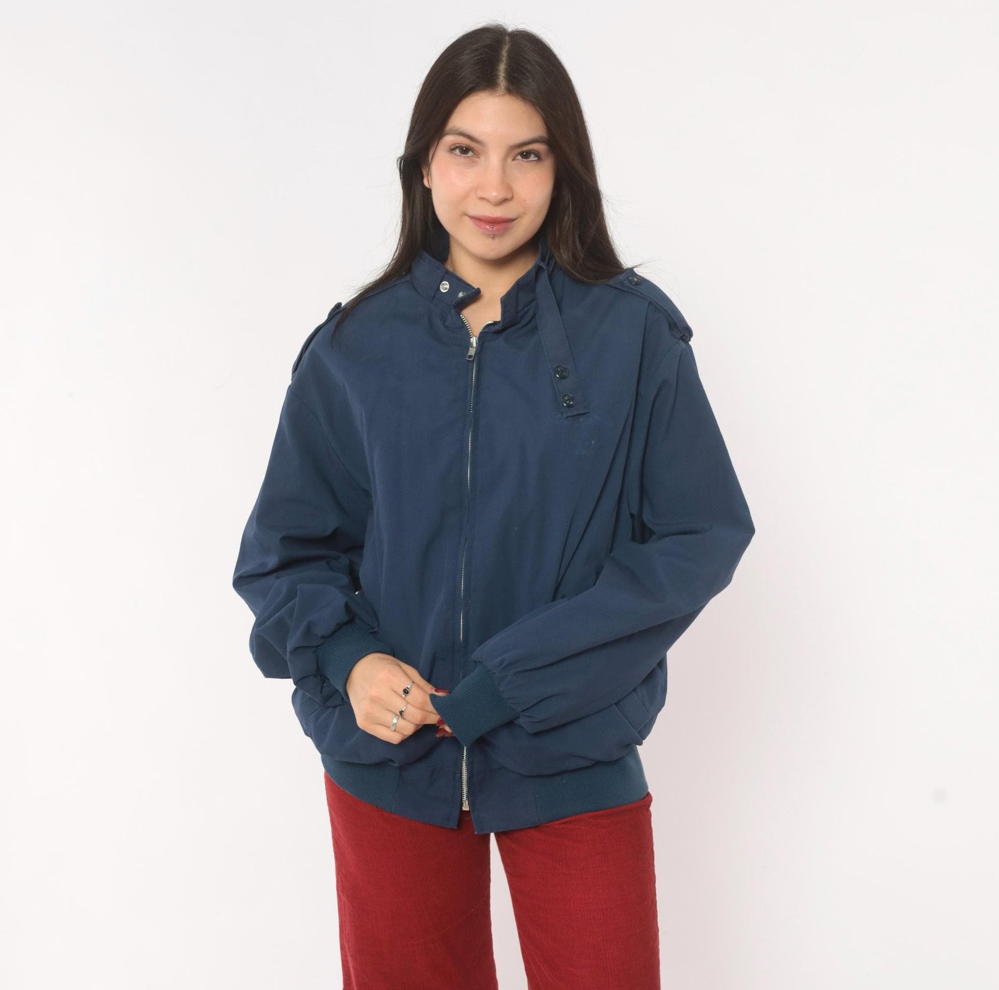 80s King Louie Navy Harrington Bomber Jacket Buffalo Plaid Lined Large L