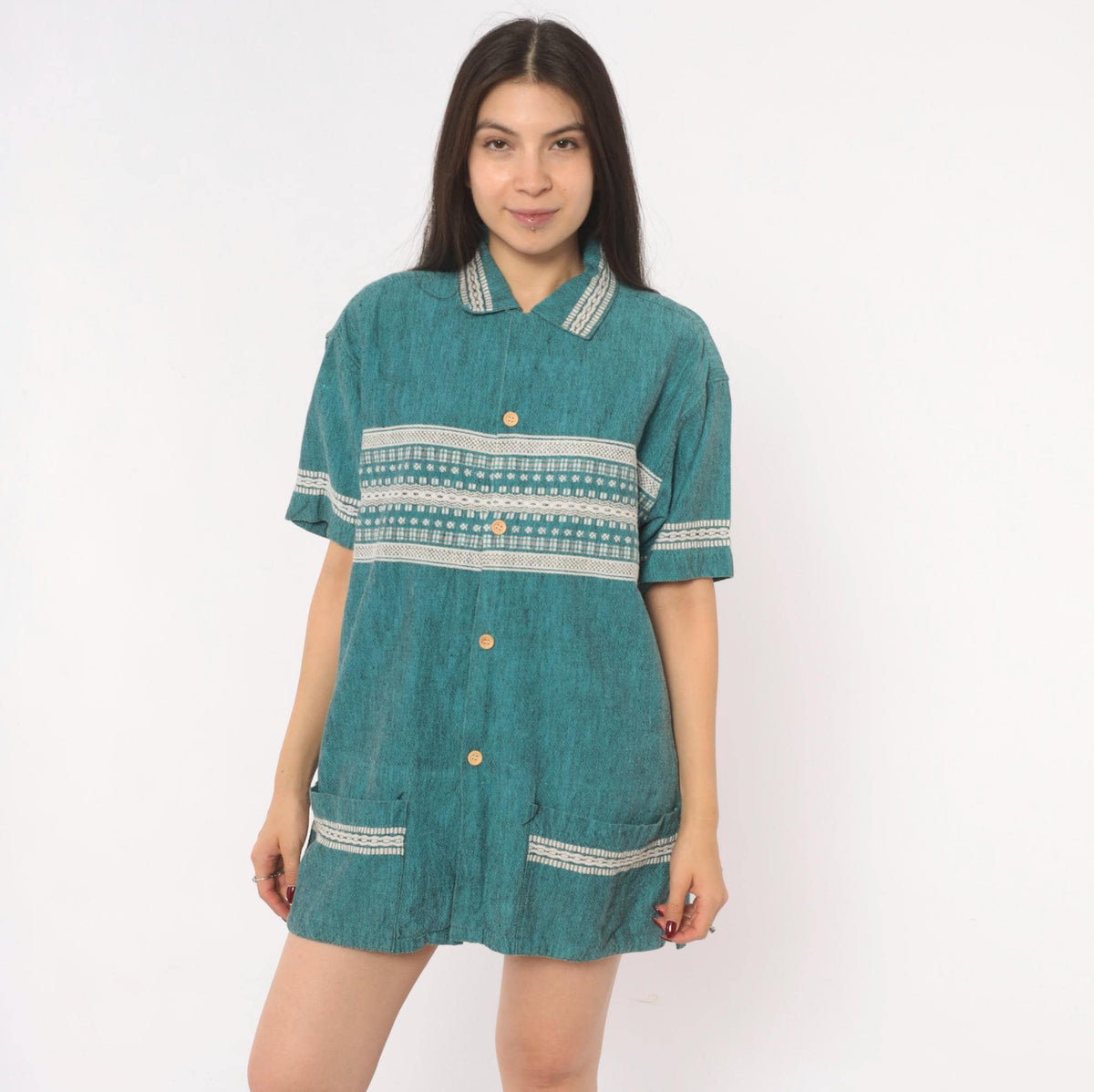 90s Teal Woven Shirt Jacquard Folk Pattern Cotton Collared Camp Large
