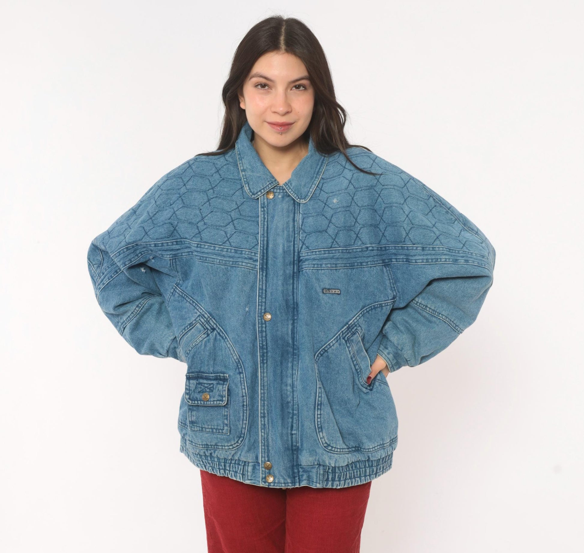 90s Kongloon Quilted Denim Bomber Sherpa Lined Jean Jacket Blue Large