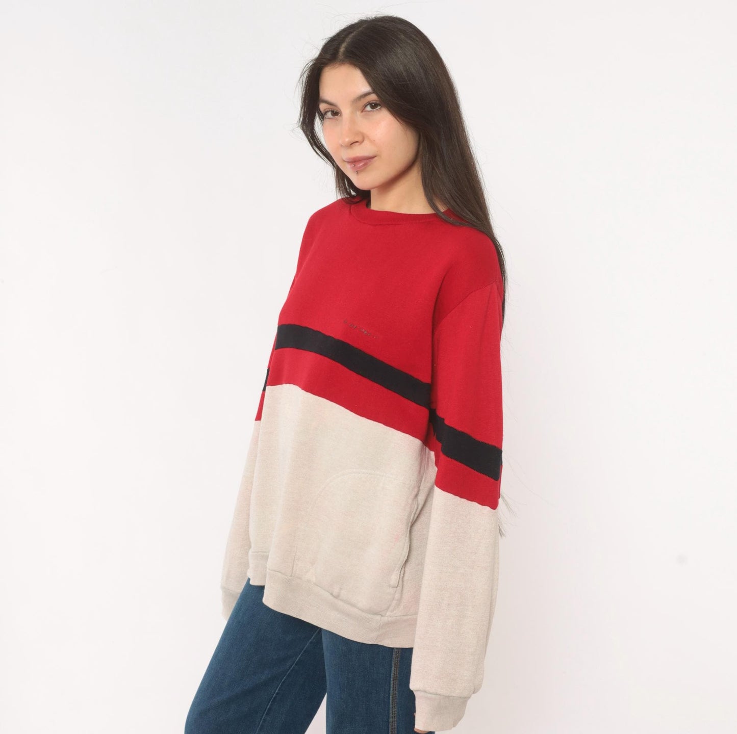 80s Dunlop Color Block Sweatshirt Red Cream Black Stripe Drop Shoulder Large