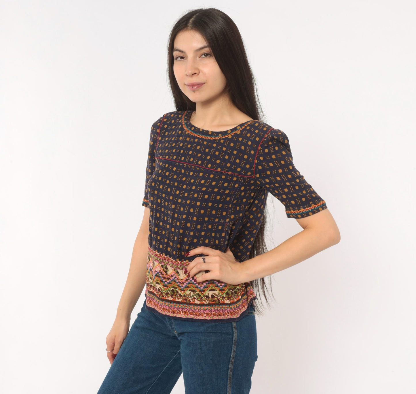 Y2K Holding Horses Embroidered Folk Art Blouse Tan Navy Geometric Cross Stitch Extra Small