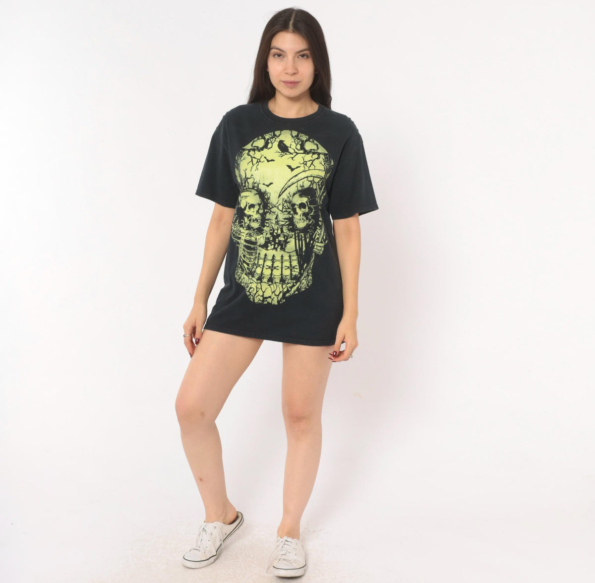 Y2K Skull Graveyard Graphic Tee Fruit of the Loom Black Cotton Medium