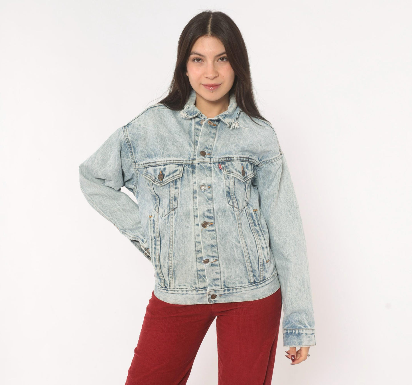 80s Levi's Acid Wash Denim Trucker Jacket Light Blue Distressed XS