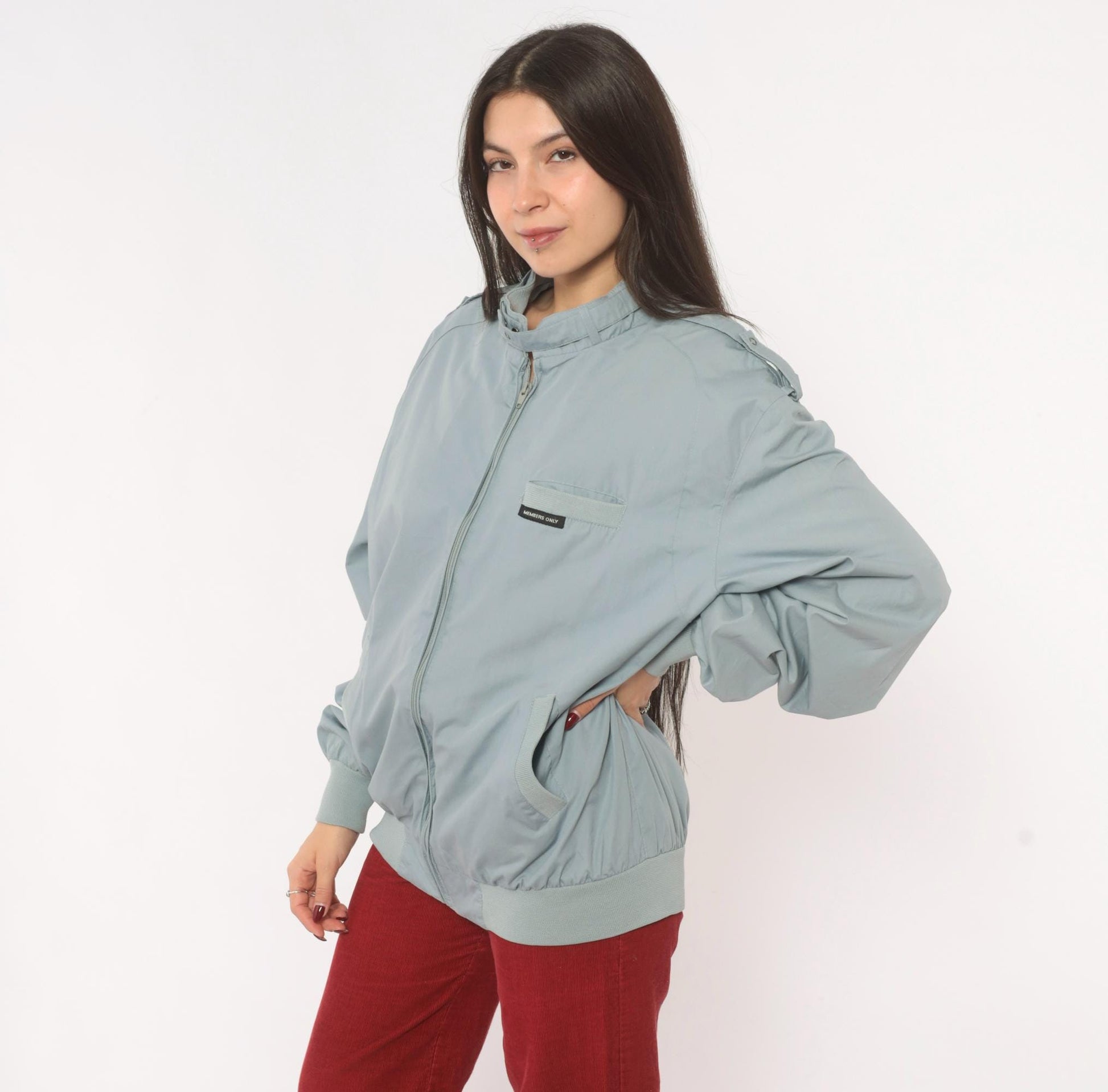 80s Members Only Racer Jacket Grey Bomber Zip Snap Collar Extra Large XL