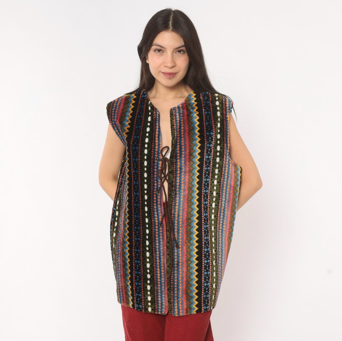 70s Chenille Tapestry Vest Multicolor Zigzag Stripe Lace-Up Tunic Large L