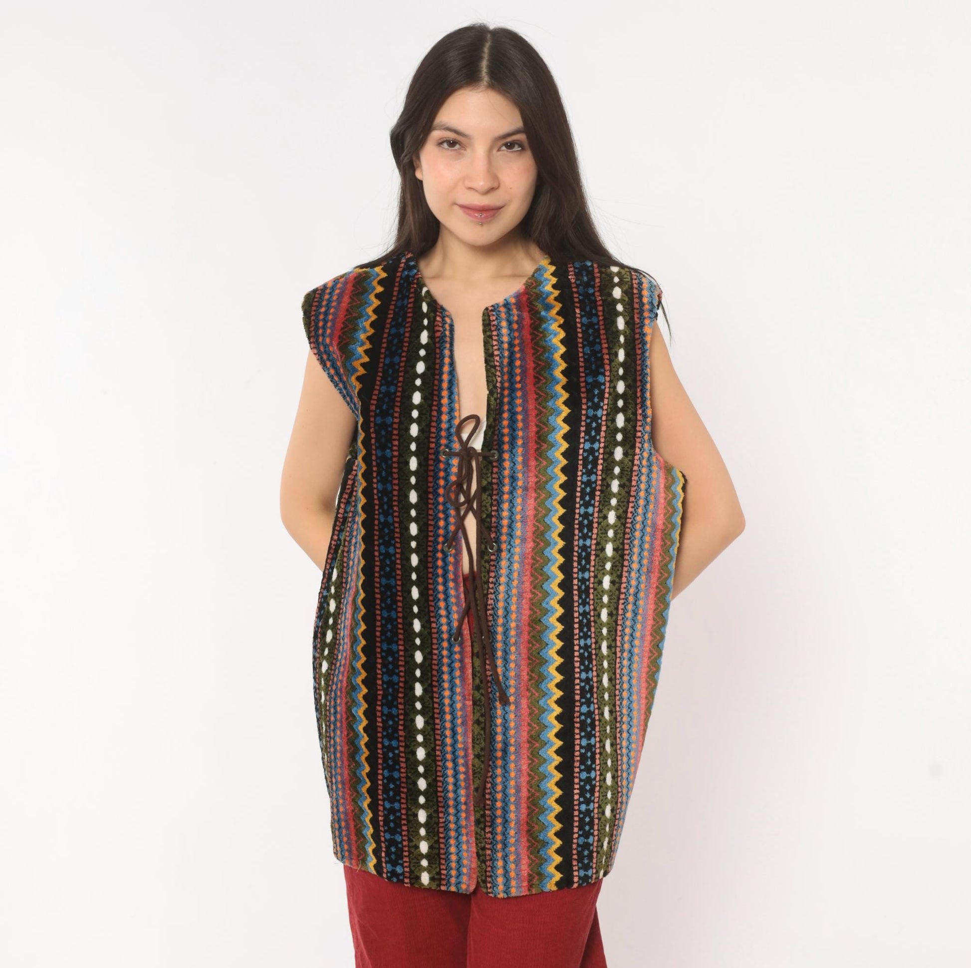 70s Chenille Tapestry Vest Multicolor Zigzag Stripe Lace-Up Tunic Large L