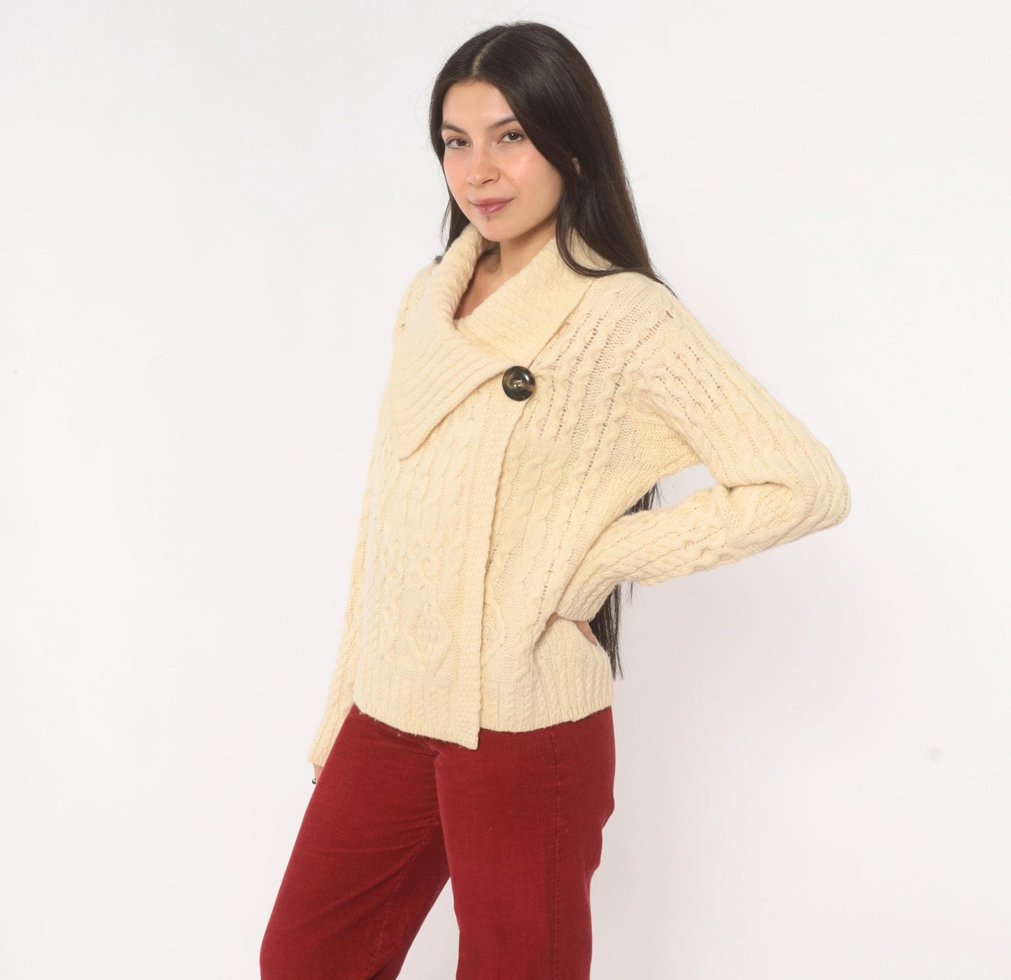 80s Arancrafts Aran Cable Knit Cardigan Cream Wool Shawl Collar Small S