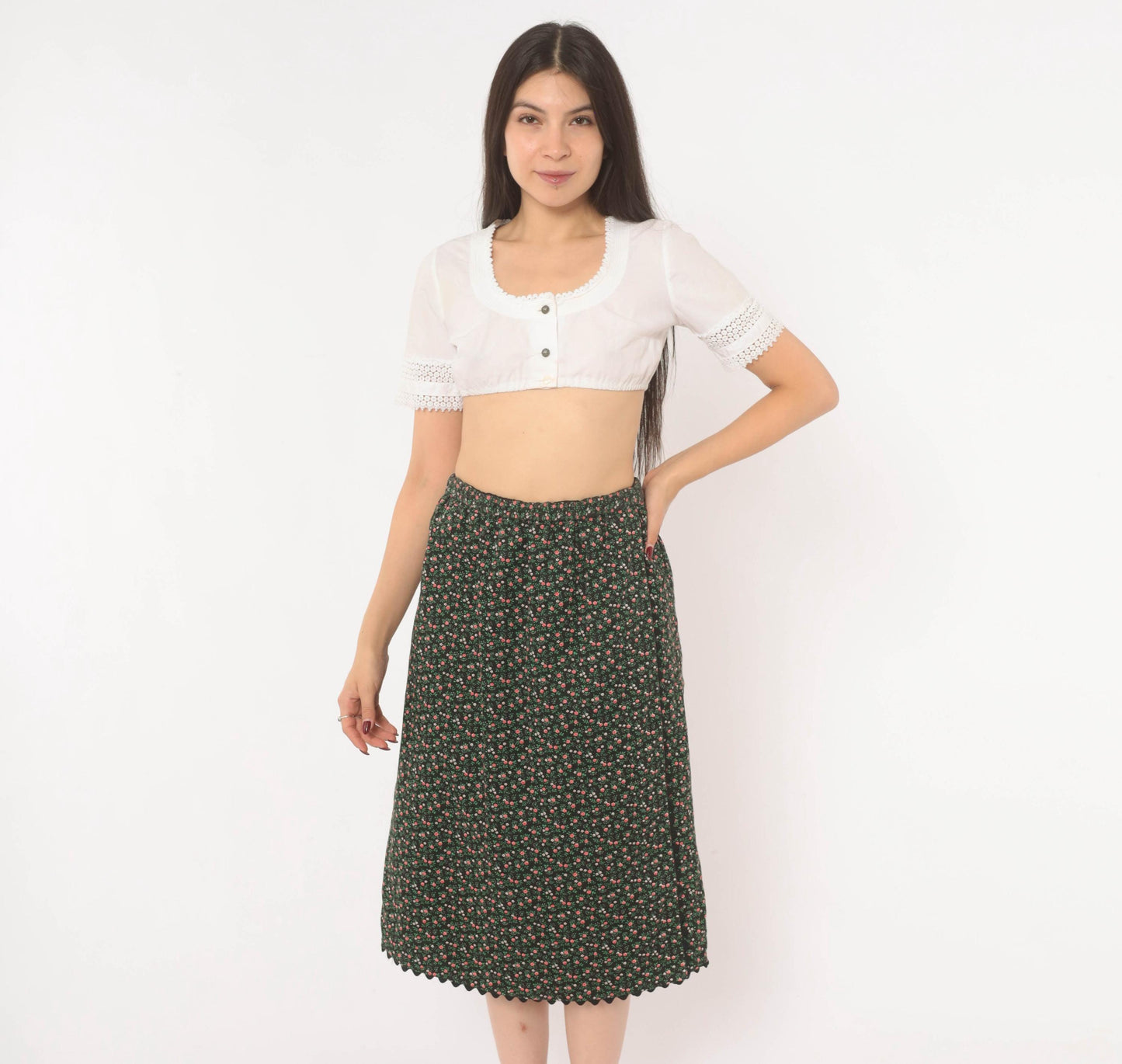 70s Black Floral Midi Skirt Tulip Pocket Patchwork A-Line Small