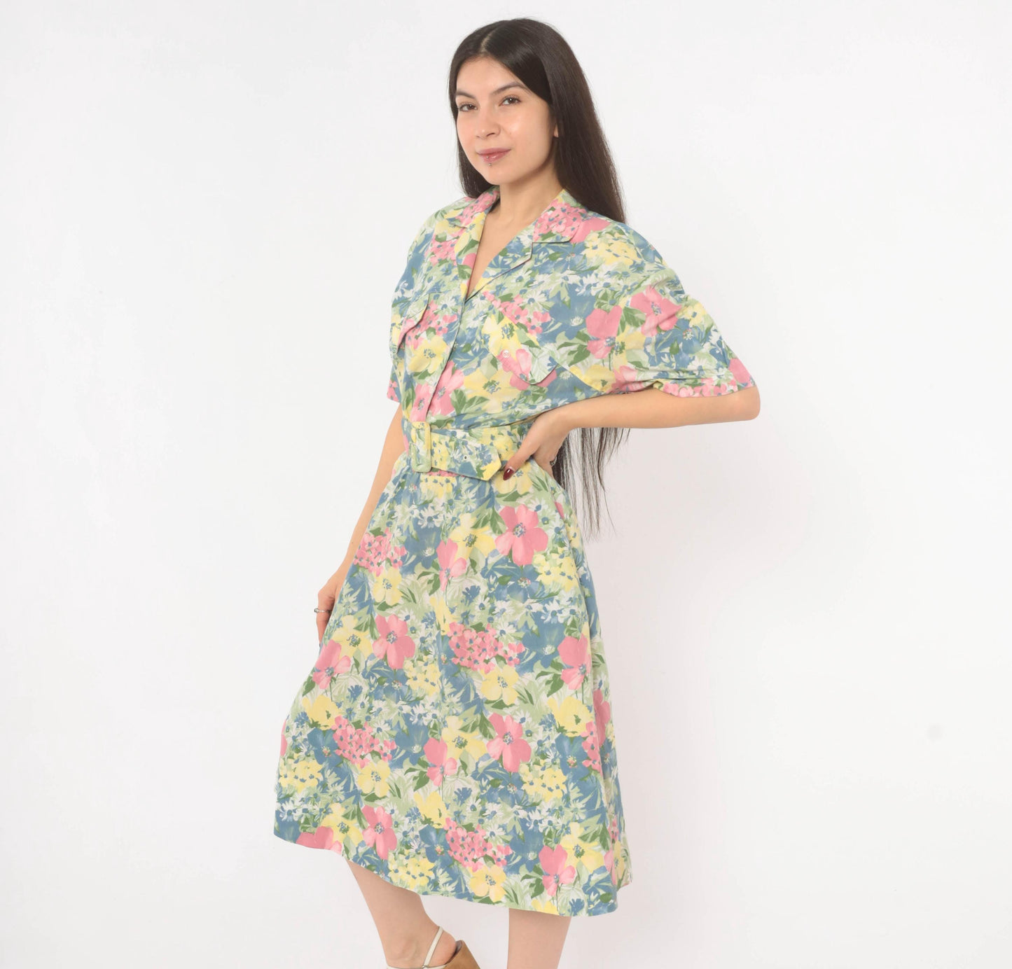 80s Cabrais Floral Midi Shirtdress Puff Sleeve Belted Pink Garden Medium