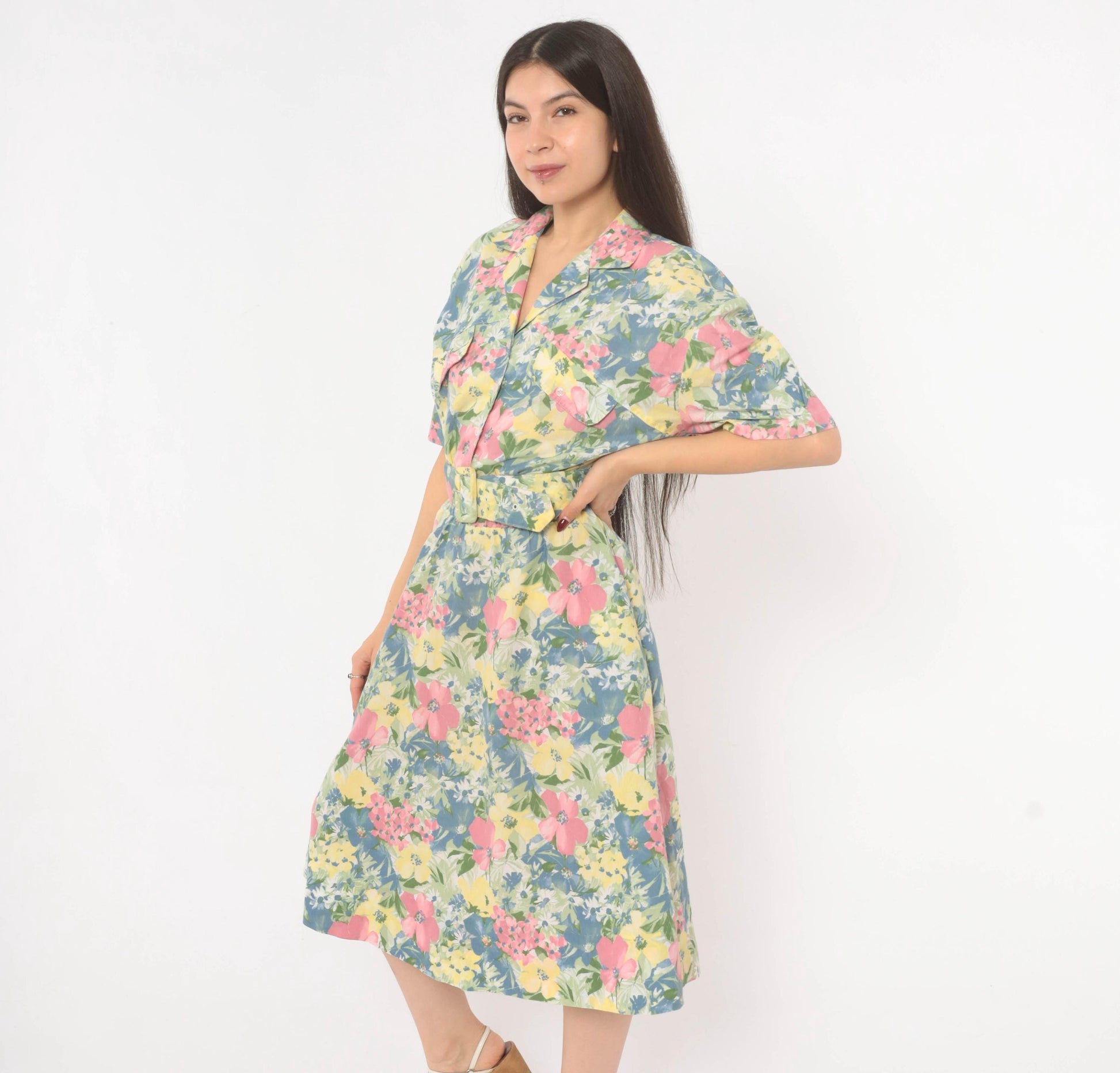 80s Cabrais Floral Midi Shirtdress Puff Sleeve Belted Pink Garden Medium