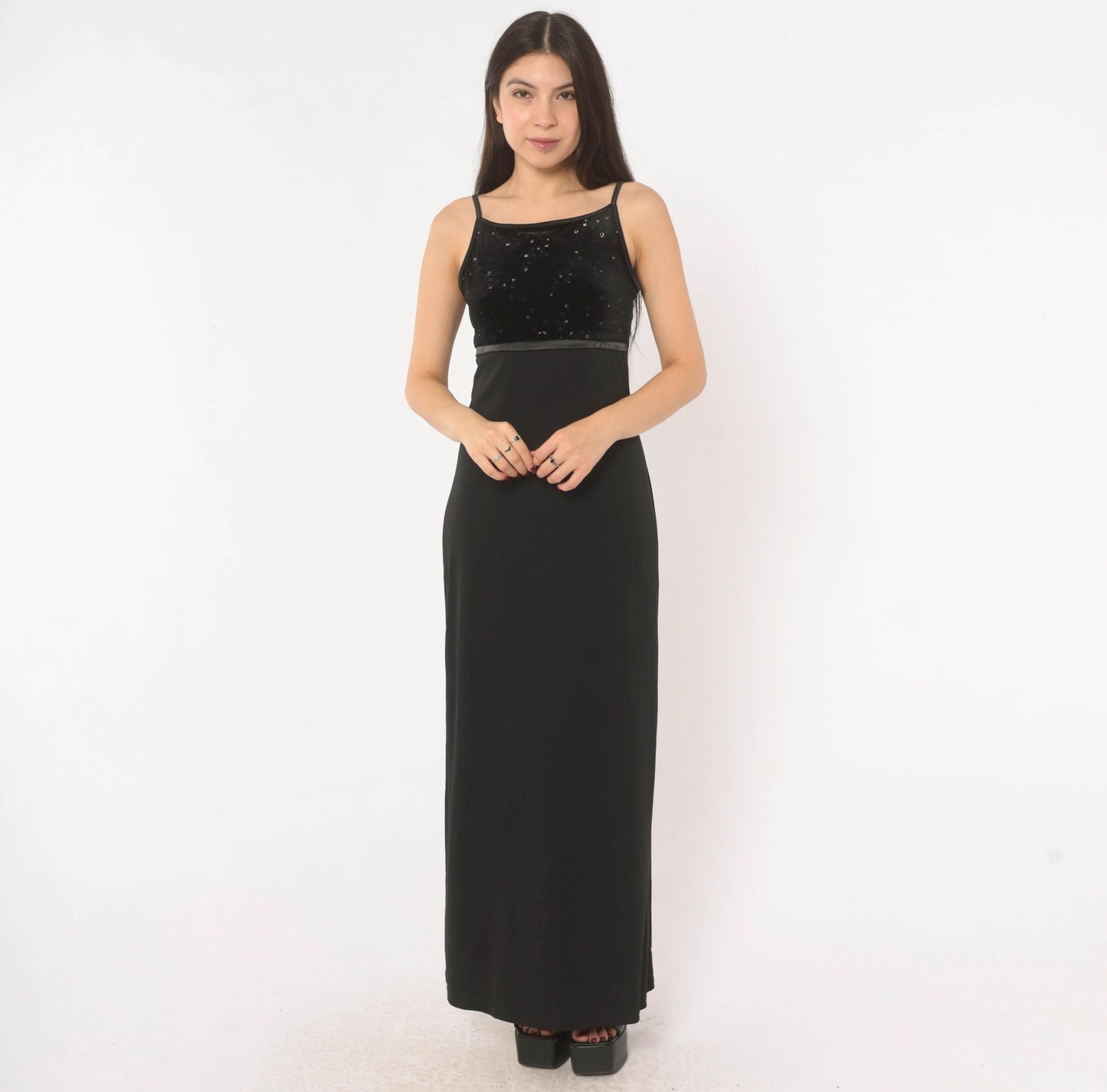 2000s I.N. San Francisco Black Velvet Maxi Dress Empire Waist Spaghetti Strap Small