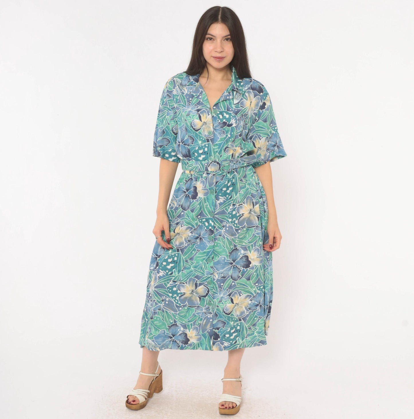 80s Elinor Carolina Maid Tropical Floral Shirtdress Blue Midi Medium