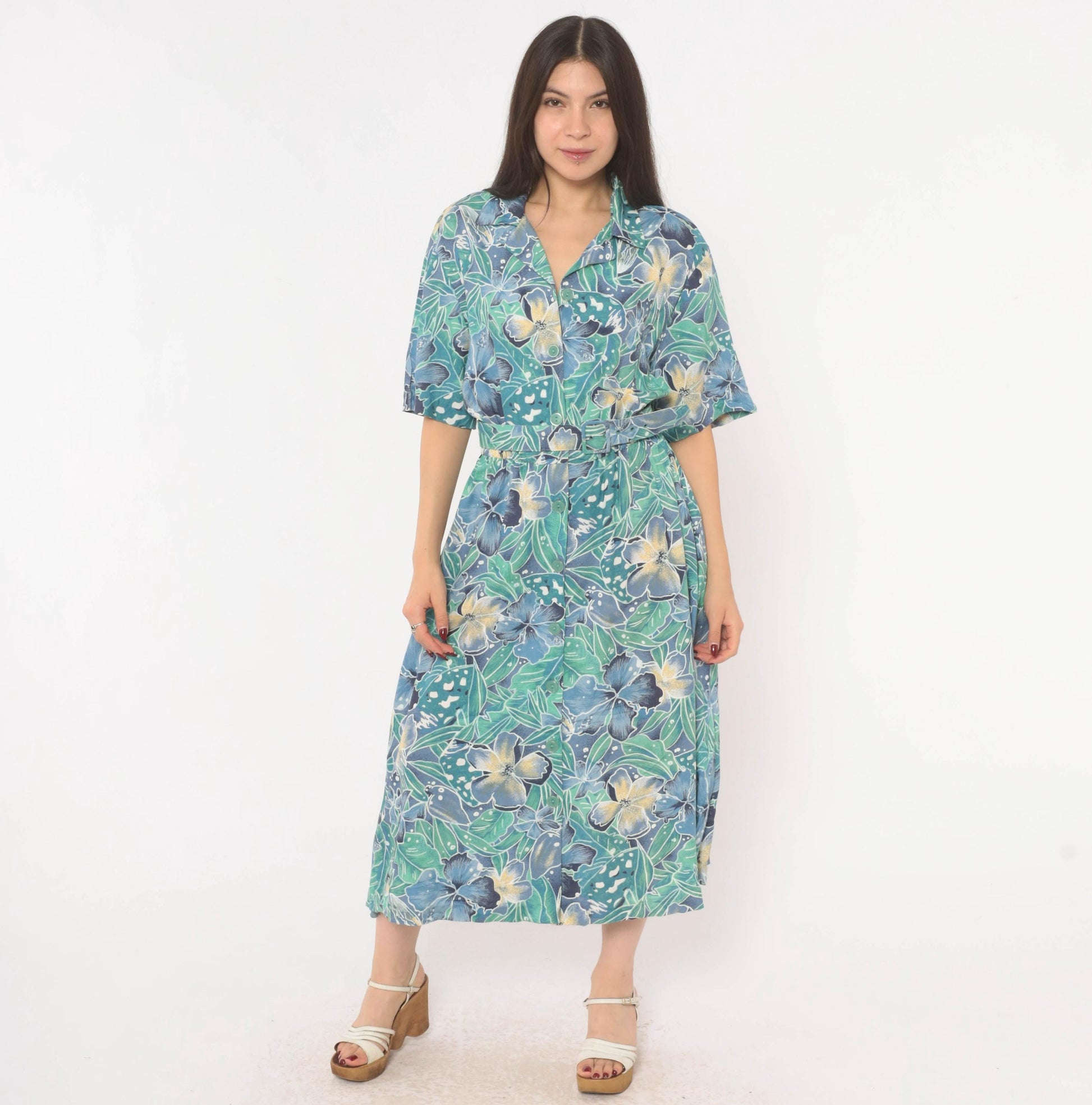 80s Elinor Carolina Maid Tropical Floral Shirtdress Blue Midi Medium