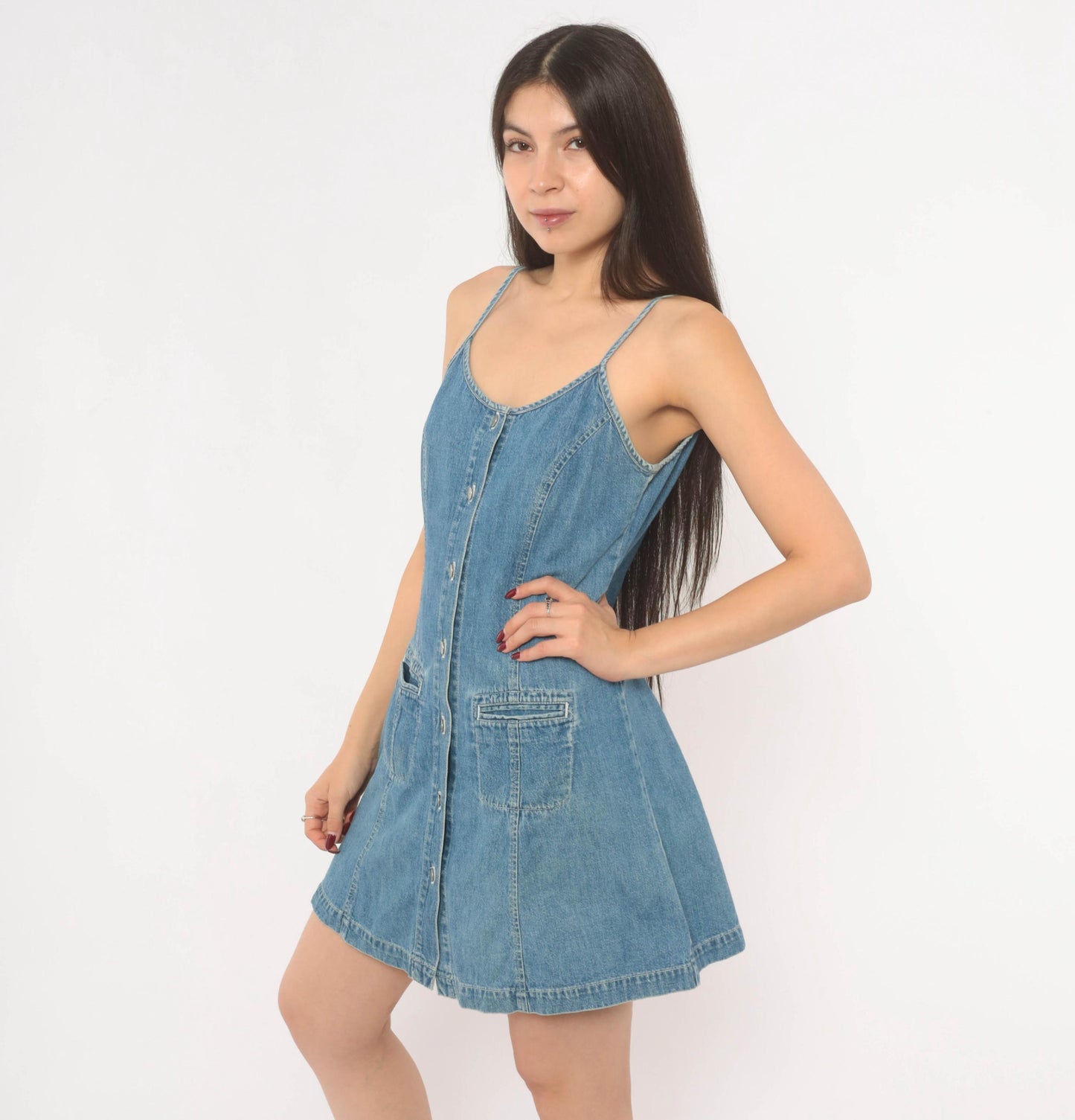 90s Dockers Denim Mini Dress Button Front Spaghetti Strap Blue Small