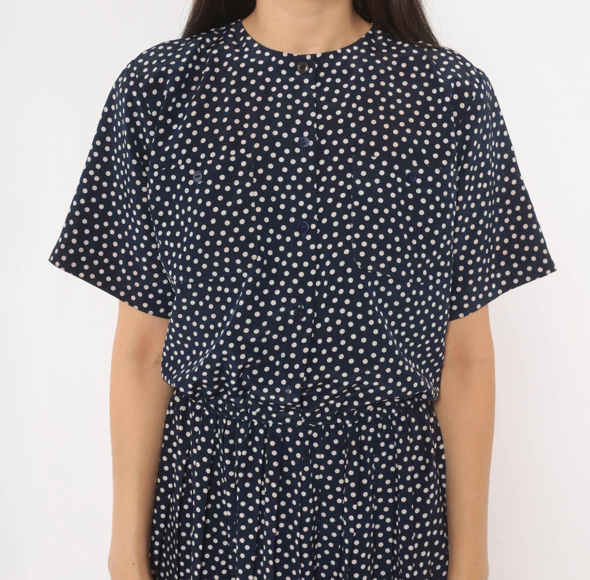 90s Navy Polka Dot Midi Dress Liz Petites Button Front Crew Neck Medium M