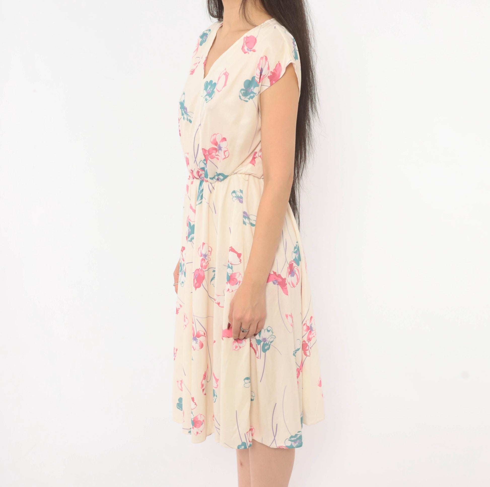 80s Floral Wrap Dress Cream Pink Teal Cap Sleeve Knee Length Medium