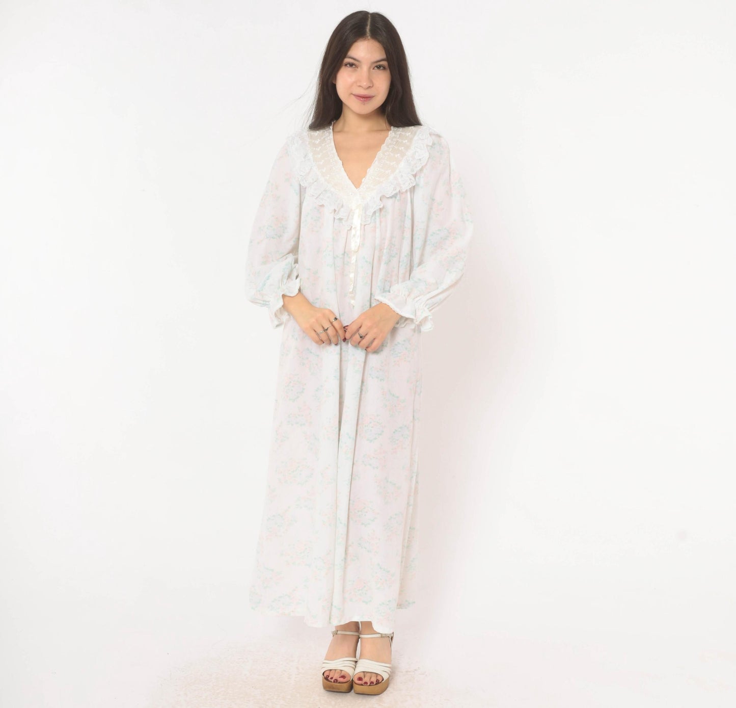 90s Gilligan O'Malley Floral Maxi Robe Puff Sleeve Eyelet Collar Pink Teal Medium M