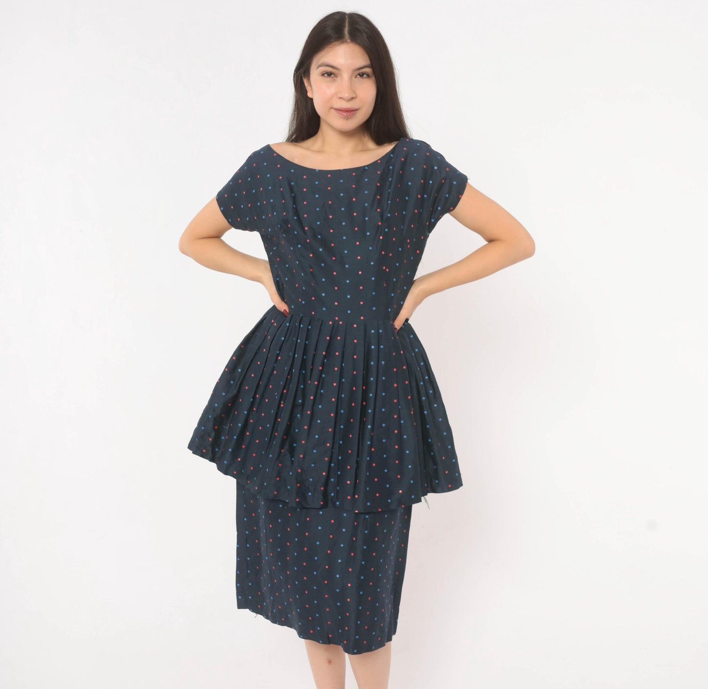 60s Navy Polka Dot Peplum Dress Red Blue Cap Sleeve Fitted Waist Medium M