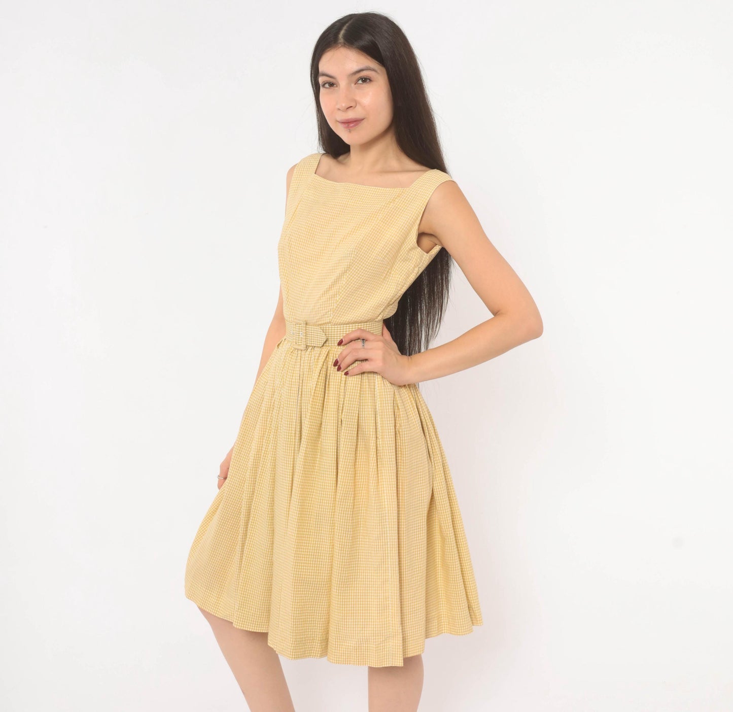 1950s P.S. Andrews Co Gingham Sundress Yellow White Cotton Fit Flare Extra Small XS