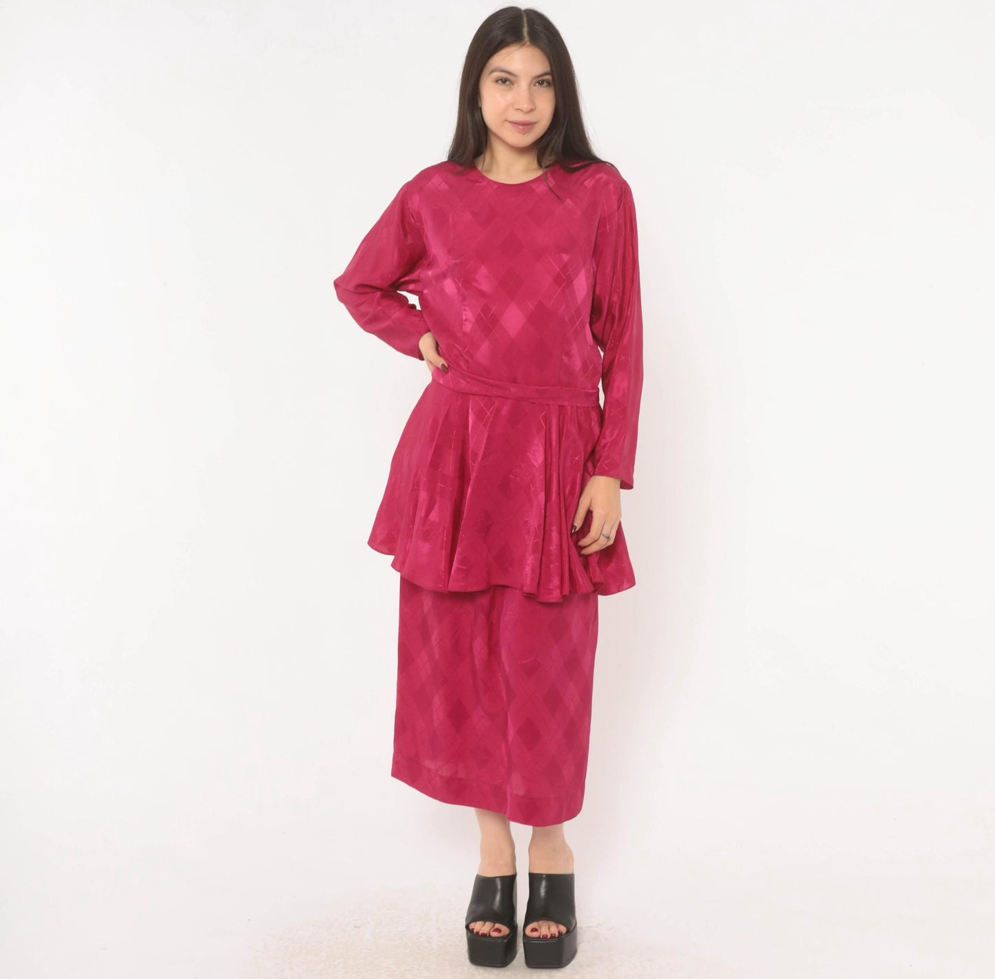 80s Fuchsia Peplum Midi Dress Open Back Jacquard Long Sleeve Large L
