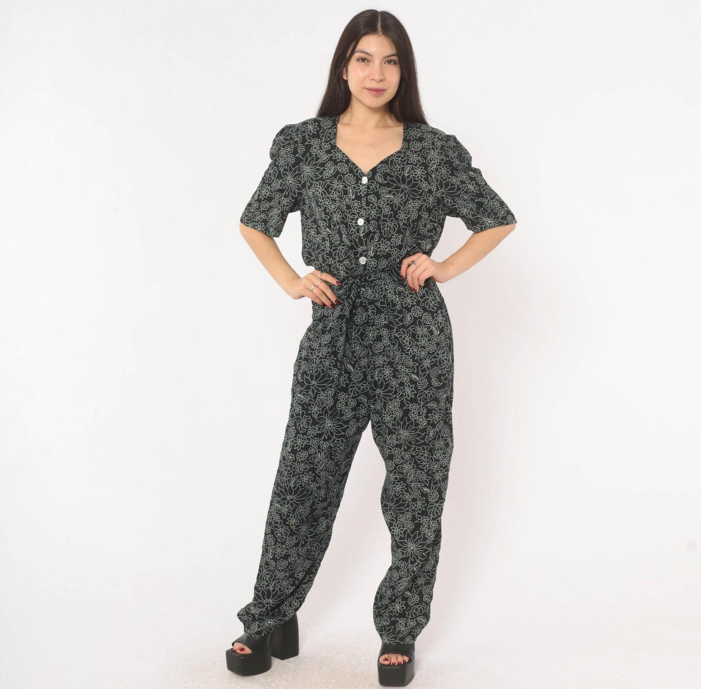 90s Molly Malloy Floral Jumpsuit Black White Dotted Print V Neck Small