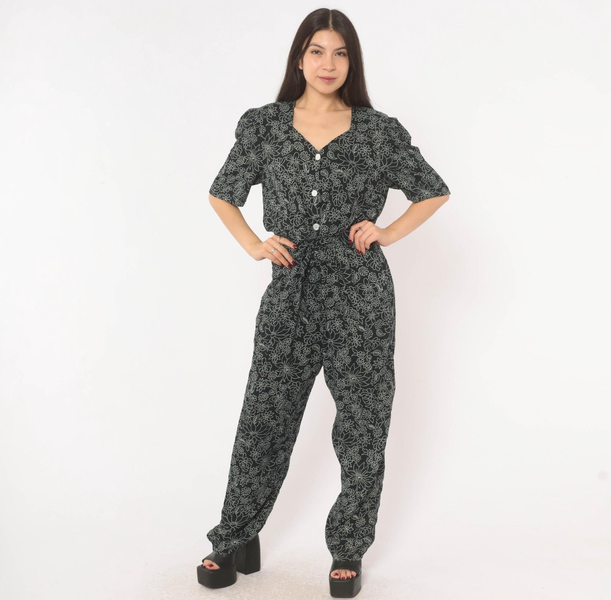 90s Molly Malloy Floral Jumpsuit Black White Dotted Print V Neck Small