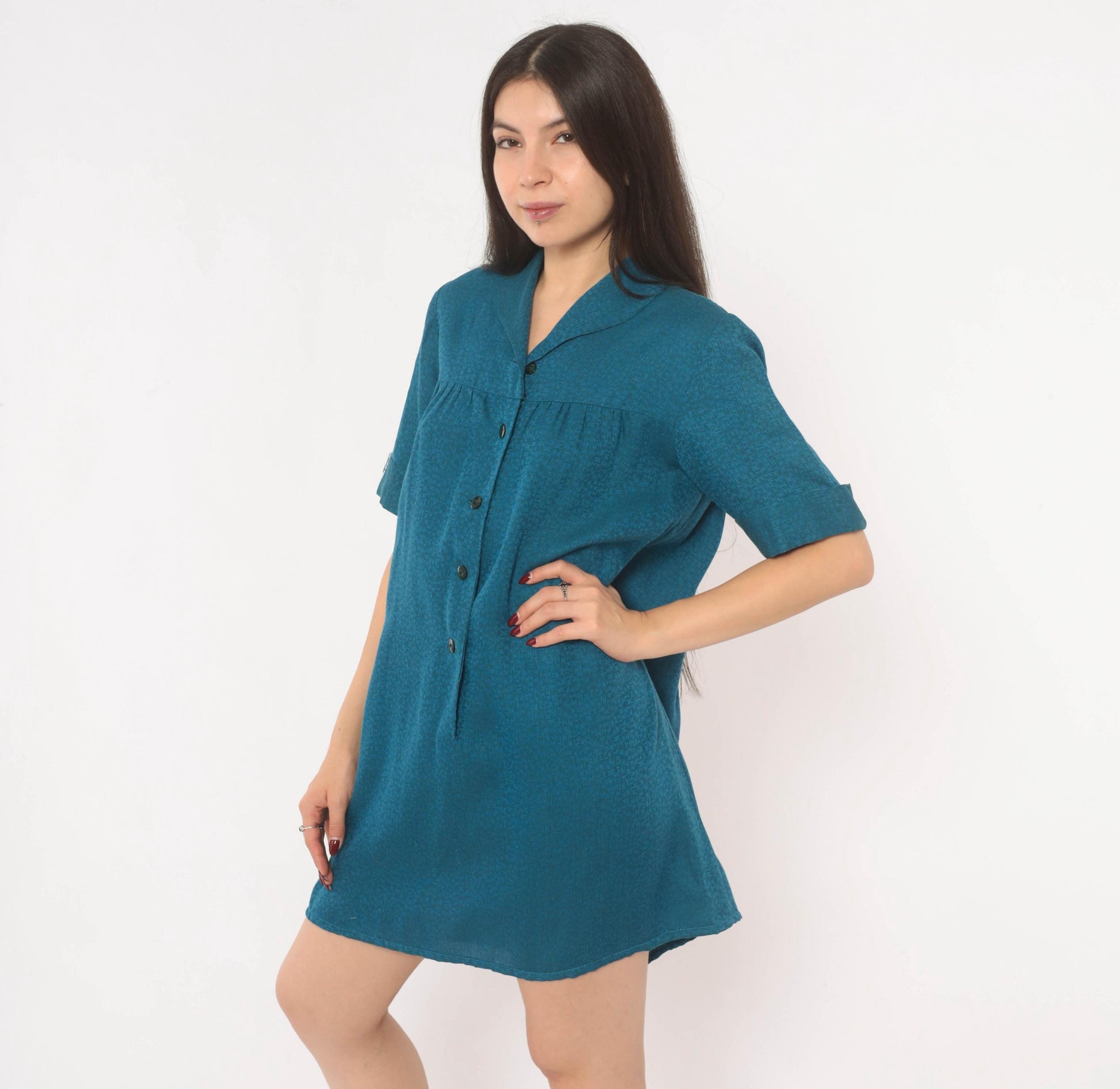 60s Royal Dry Goods Mod Shift Dress Teal Button Front Cotton Medium M