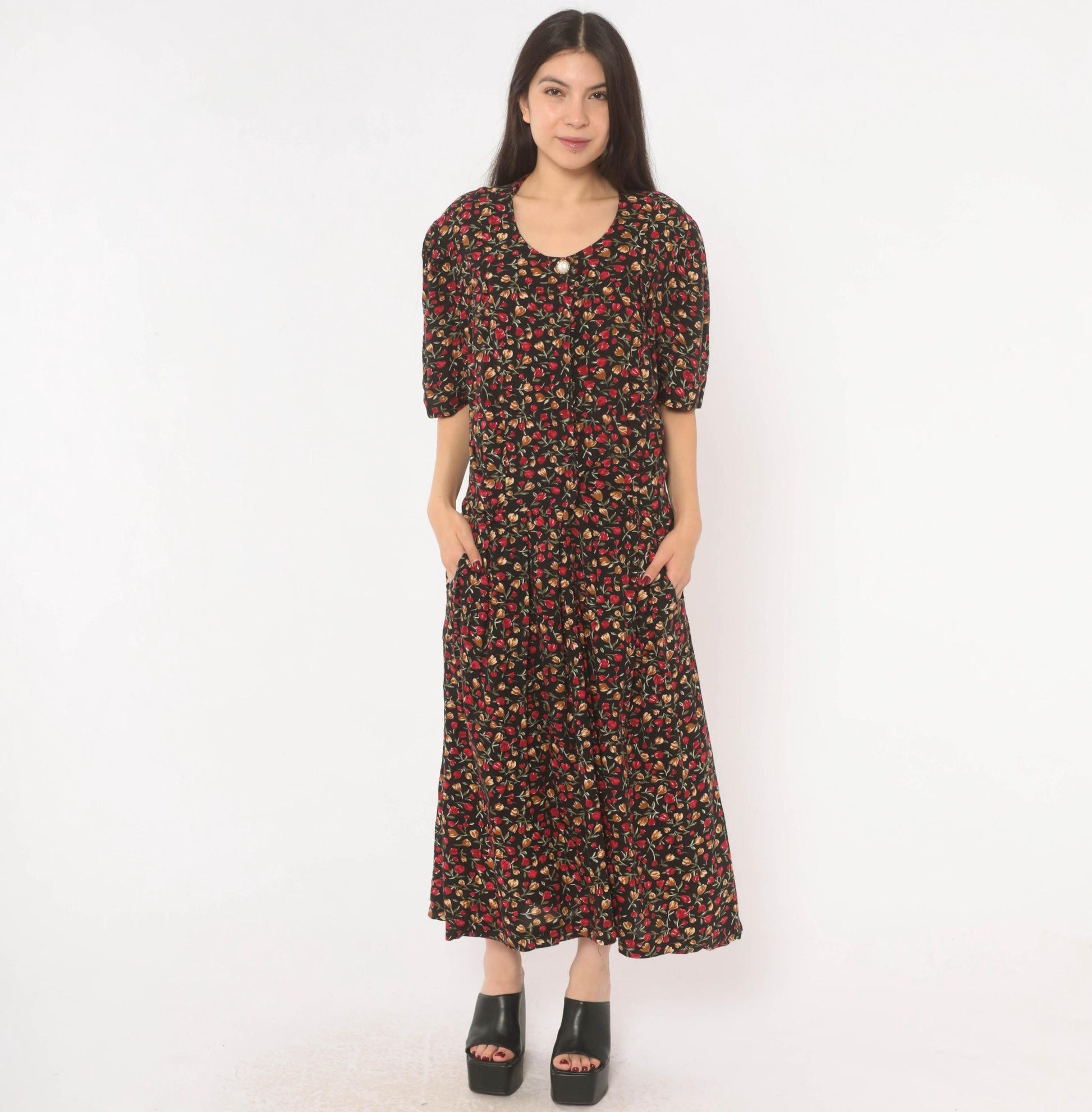 90s Periwinkle Black Tulip Maxi Dress Red Floral Puff Sleeve Plus Size XXL