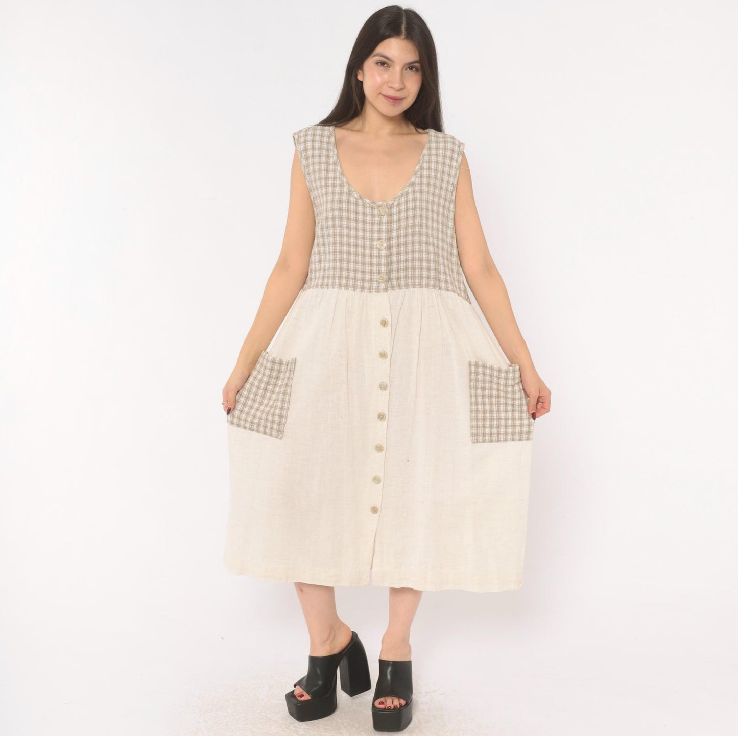90s Two Twenty Gingham Midi Jumper Dress Tan Cream Cotton Linen Large