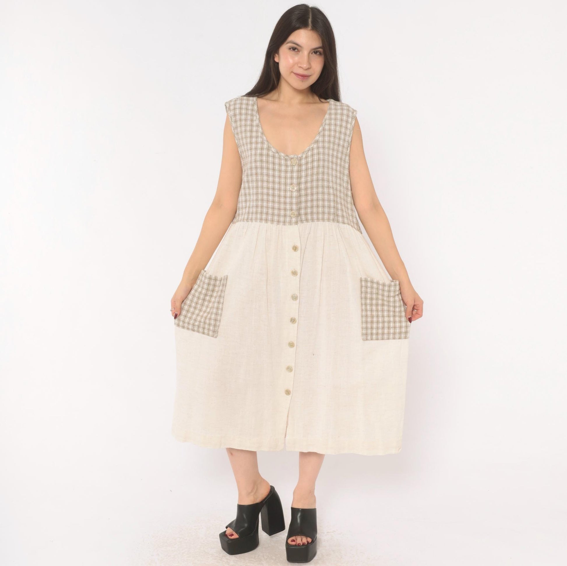 90s Two Twenty Gingham Midi Jumper Dress Tan Cream Cotton Linen Large