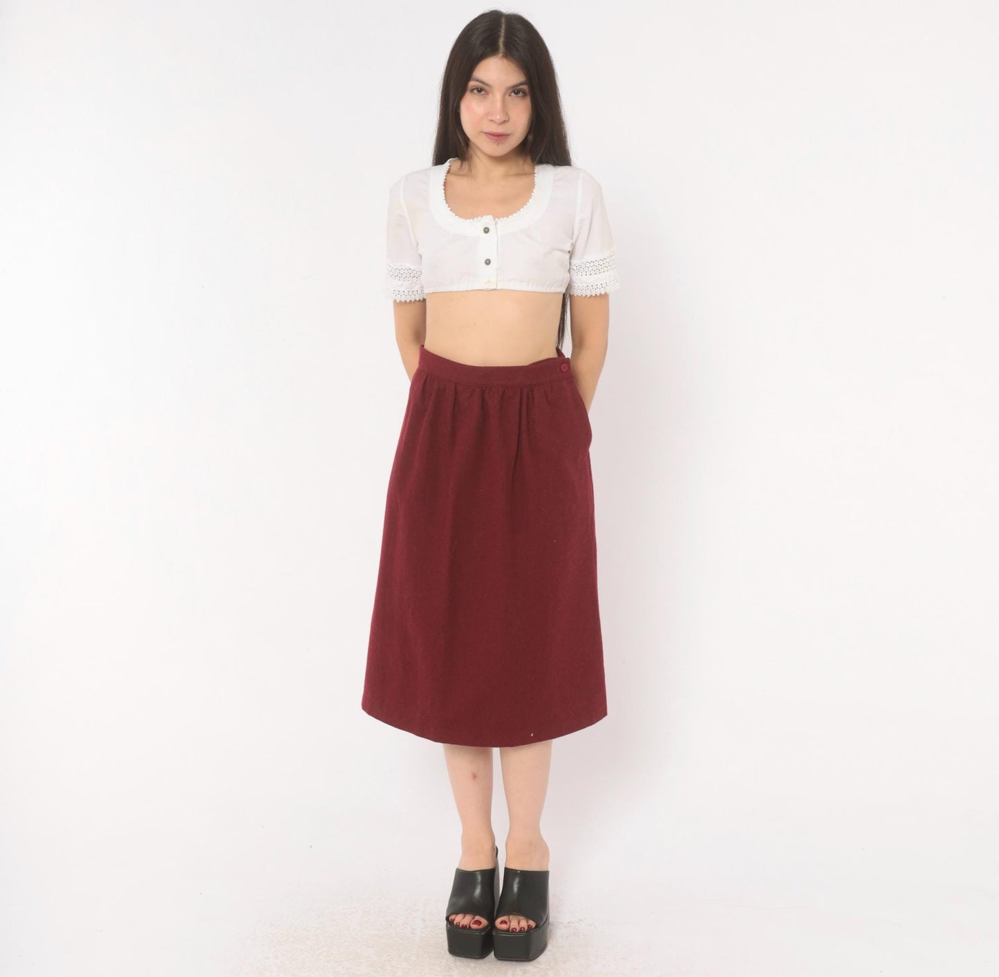 80s Sag Harbor Burgundy Wool A-Line Skirt Pleated Pockets Small