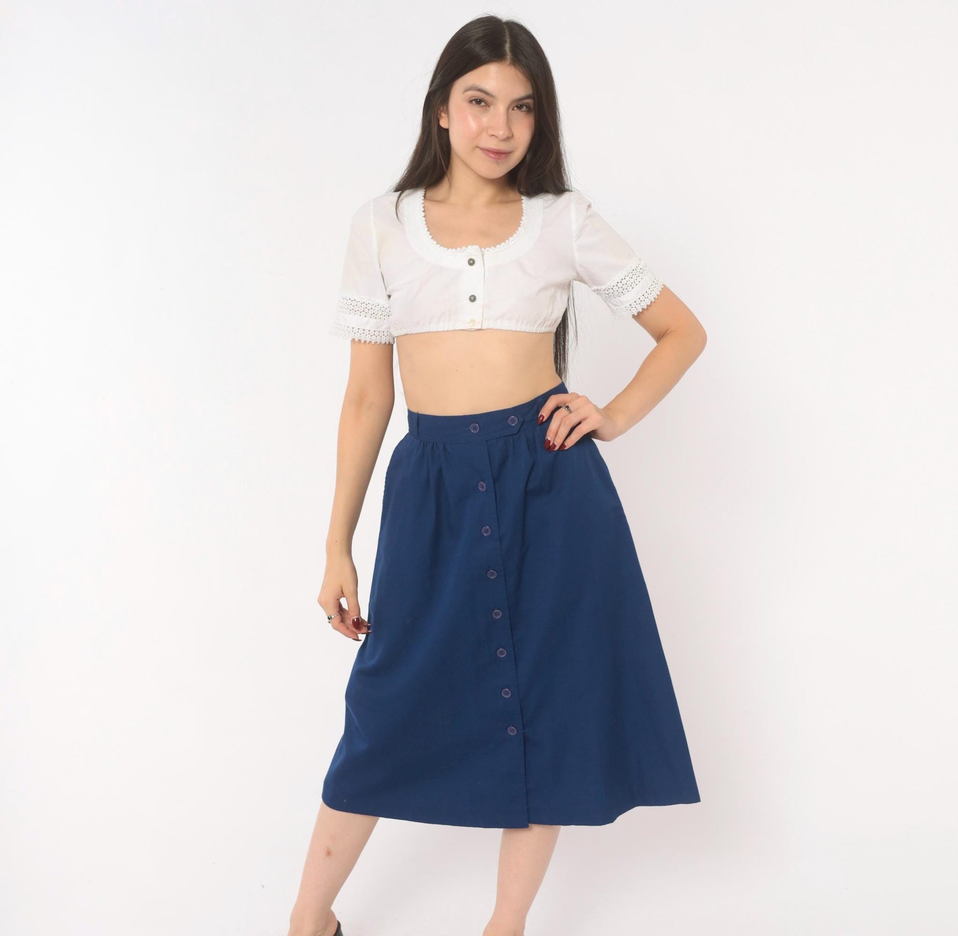 80s Navy Button Front A-Line Skirt Cotton Knee Length Medium M