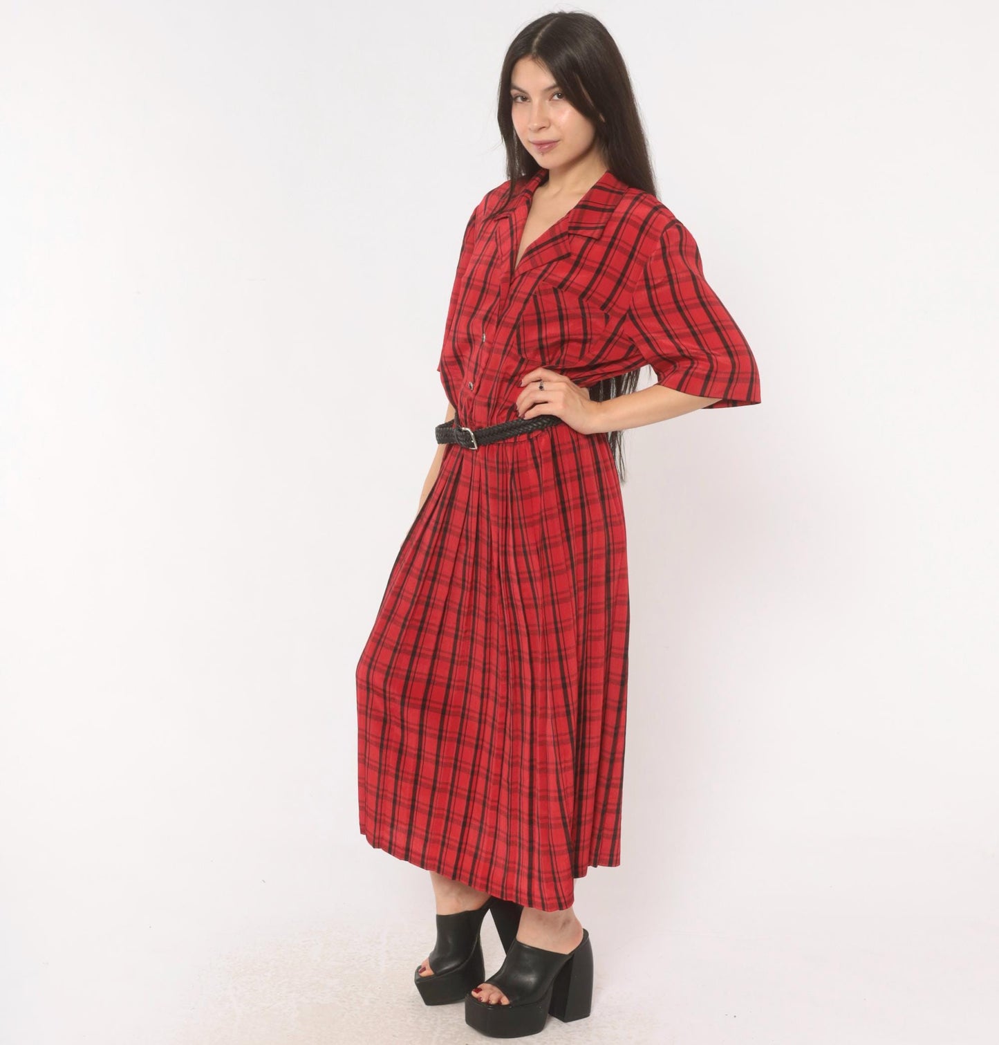 80s Leslie Fay Plaid Shirtdress Red Black Tartan Midi Pleated Medium Large