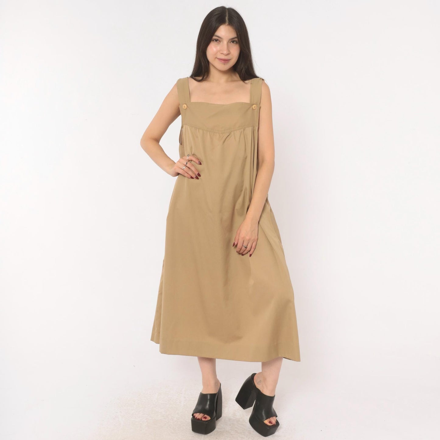 80s Tan Cotton Jumper Dress Square Neck Button Strap Midi Pinafore Large L