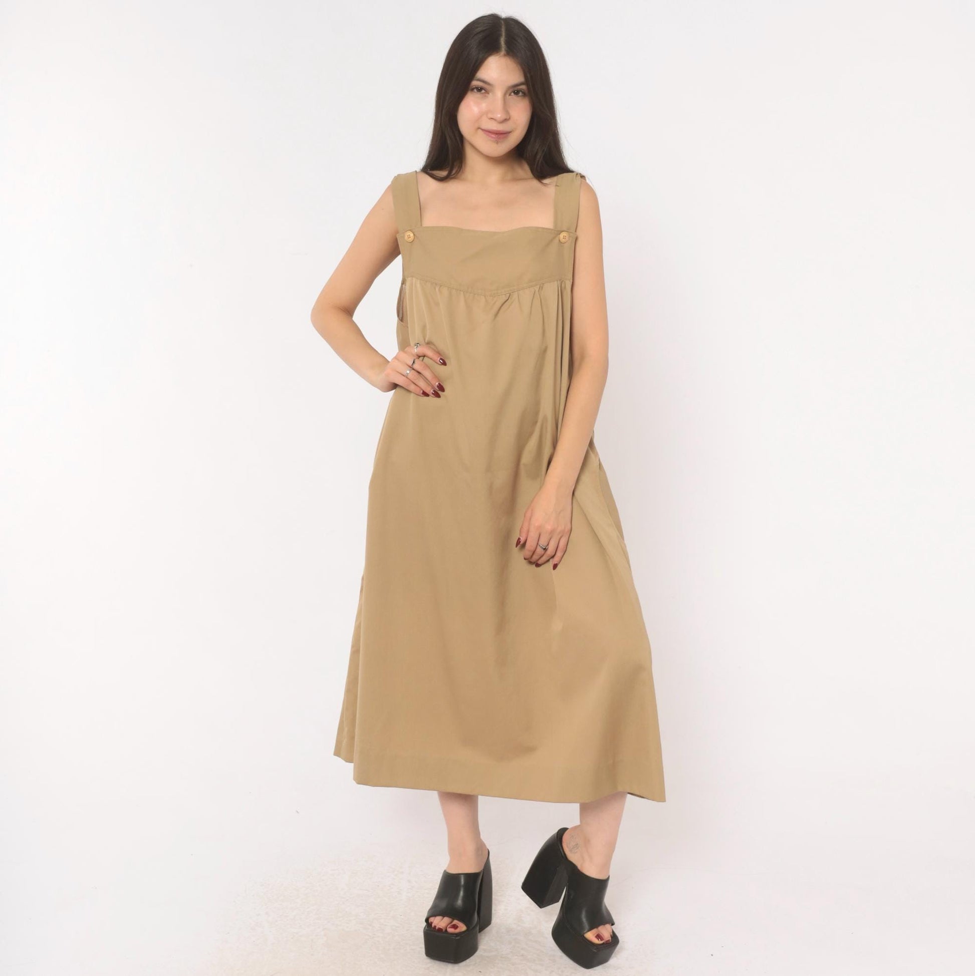80s Tan Cotton Jumper Dress Square Neck Button Strap Midi Pinafore Large L