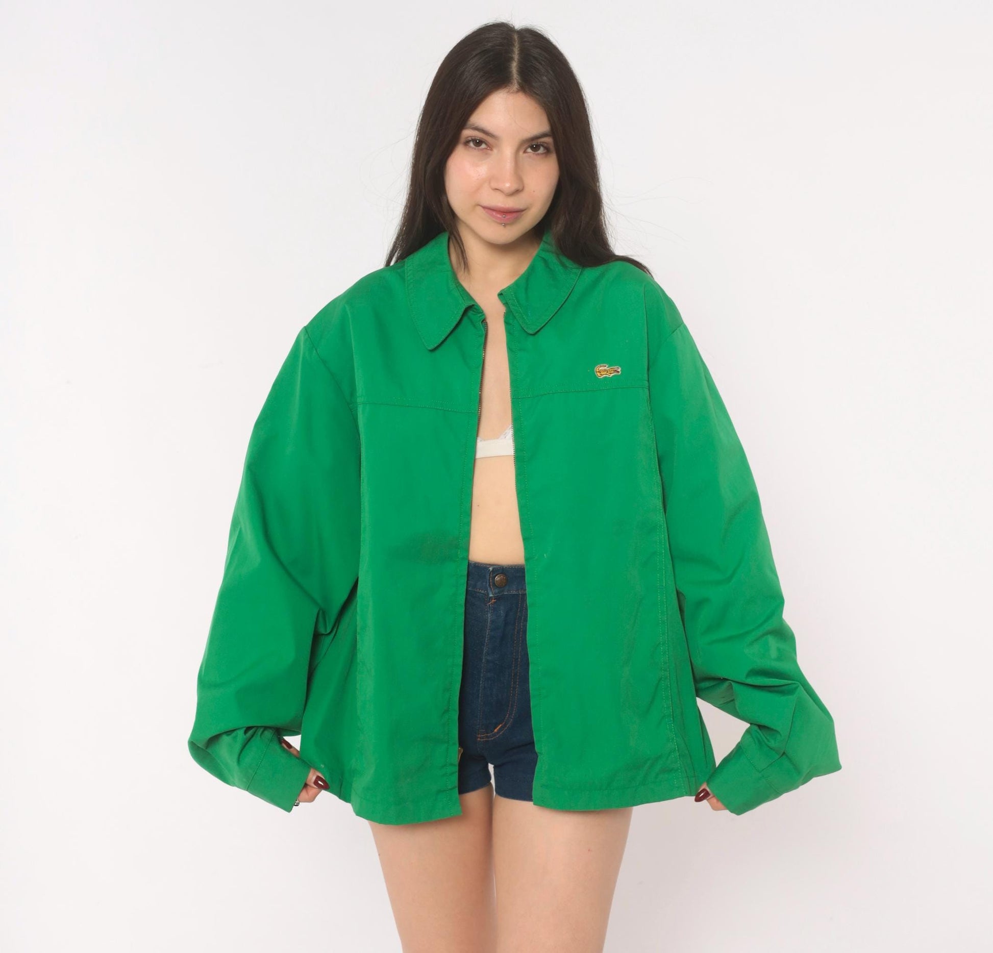 70s Alligator Green Zip Front Windbreaker Cotton Jacket Medium