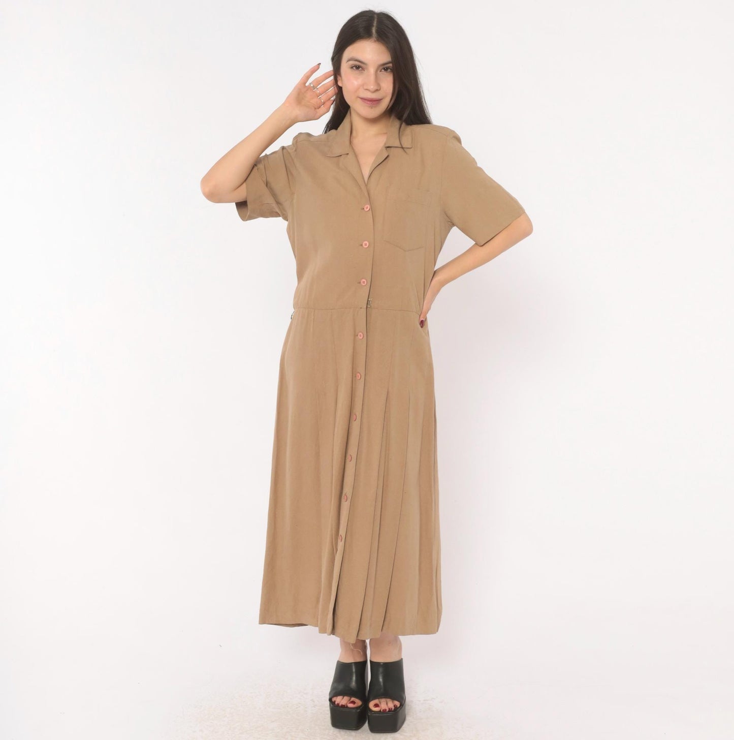 90s Liz Claiborne Silk Maxi Shirt Dress Tan Camp Collar Pleated Medium M