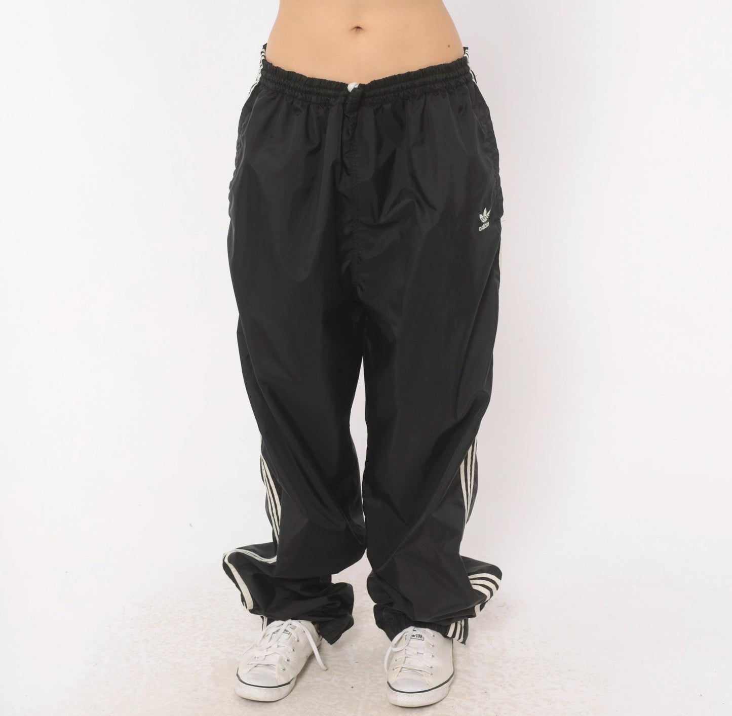 90s Adidas Track Pants Black White Three Stripe Nylon Trefoil Extra Large XL