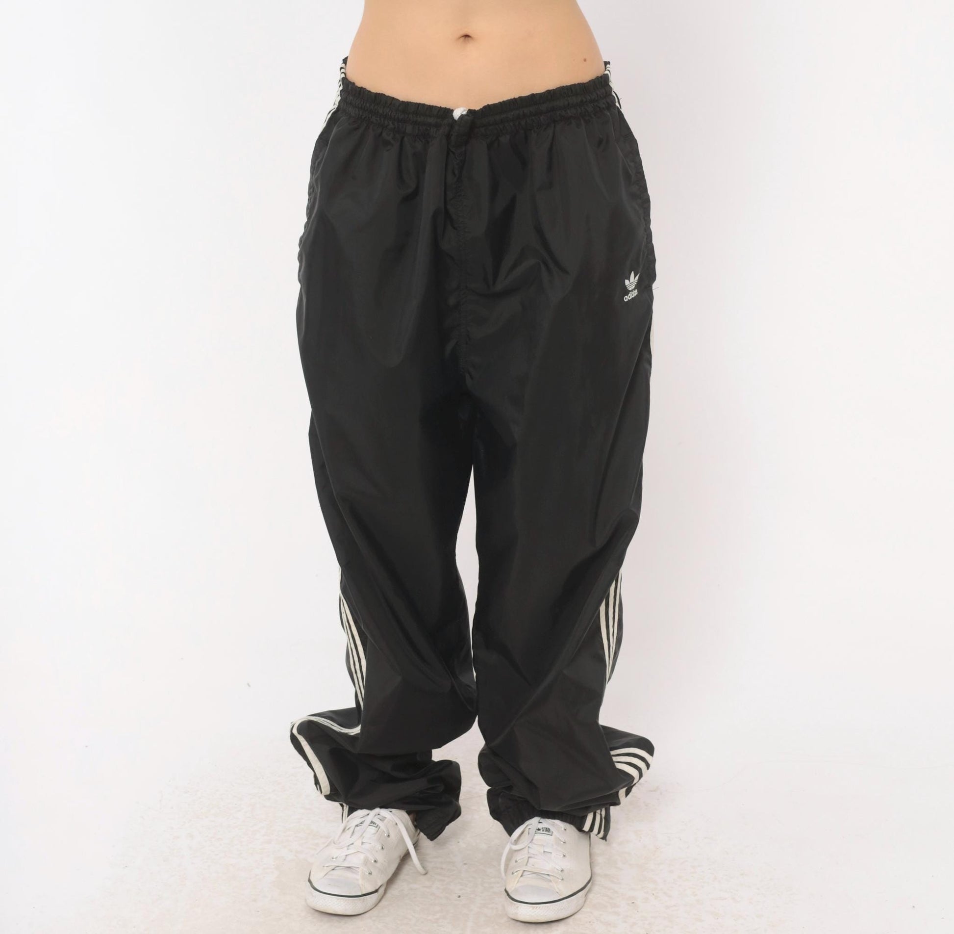 90s Adidas Track Pants Black White Three Stripe Nylon Trefoil Extra Large XL